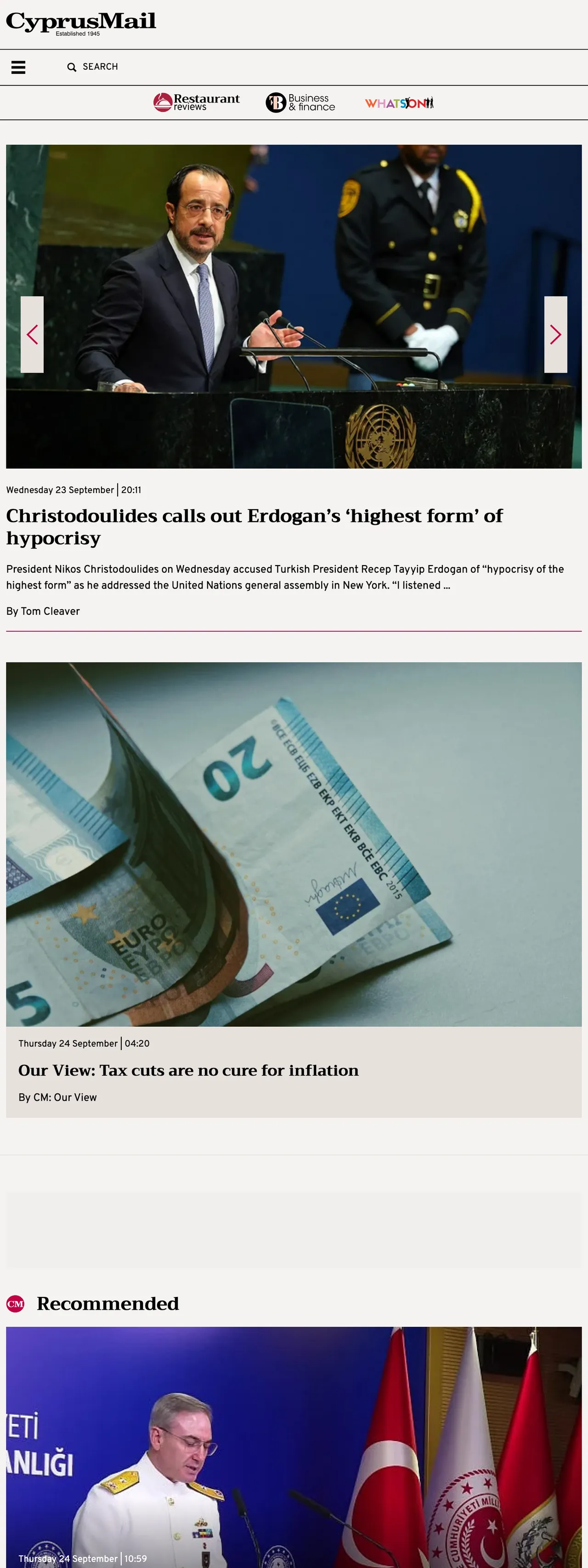 Screenshot of the Cyprus Mail front page