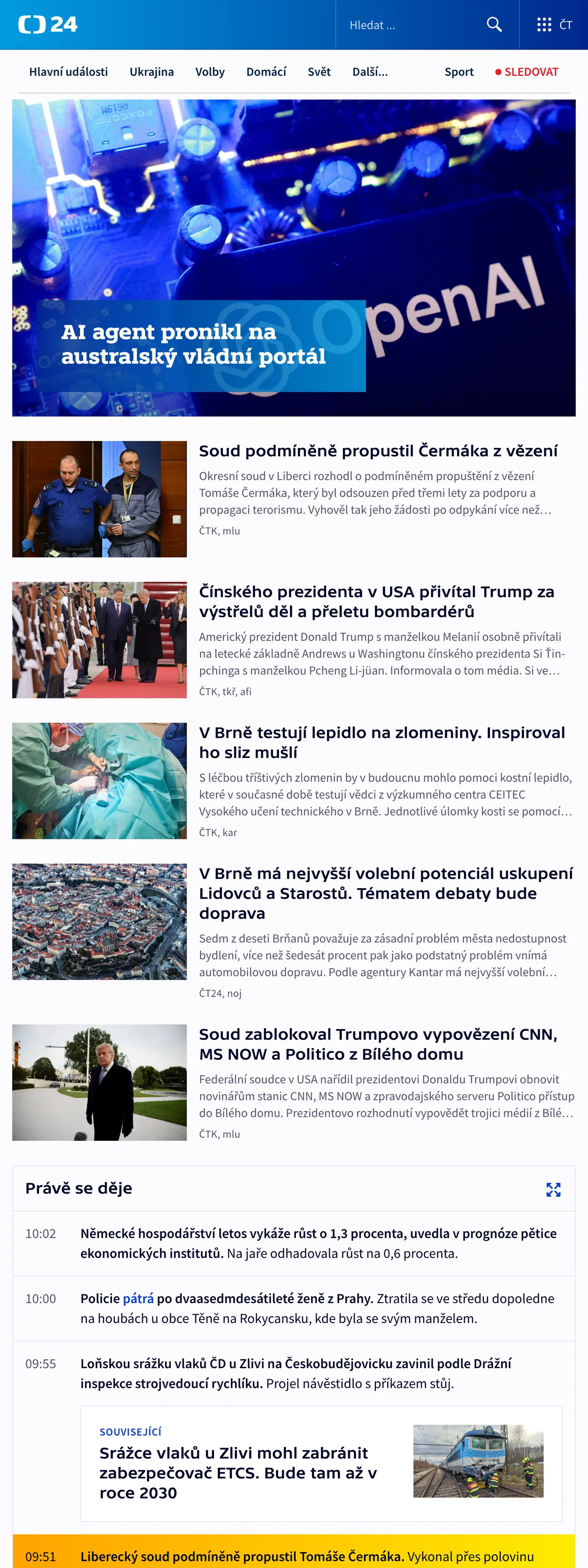Screenshot of the ČT24 front page