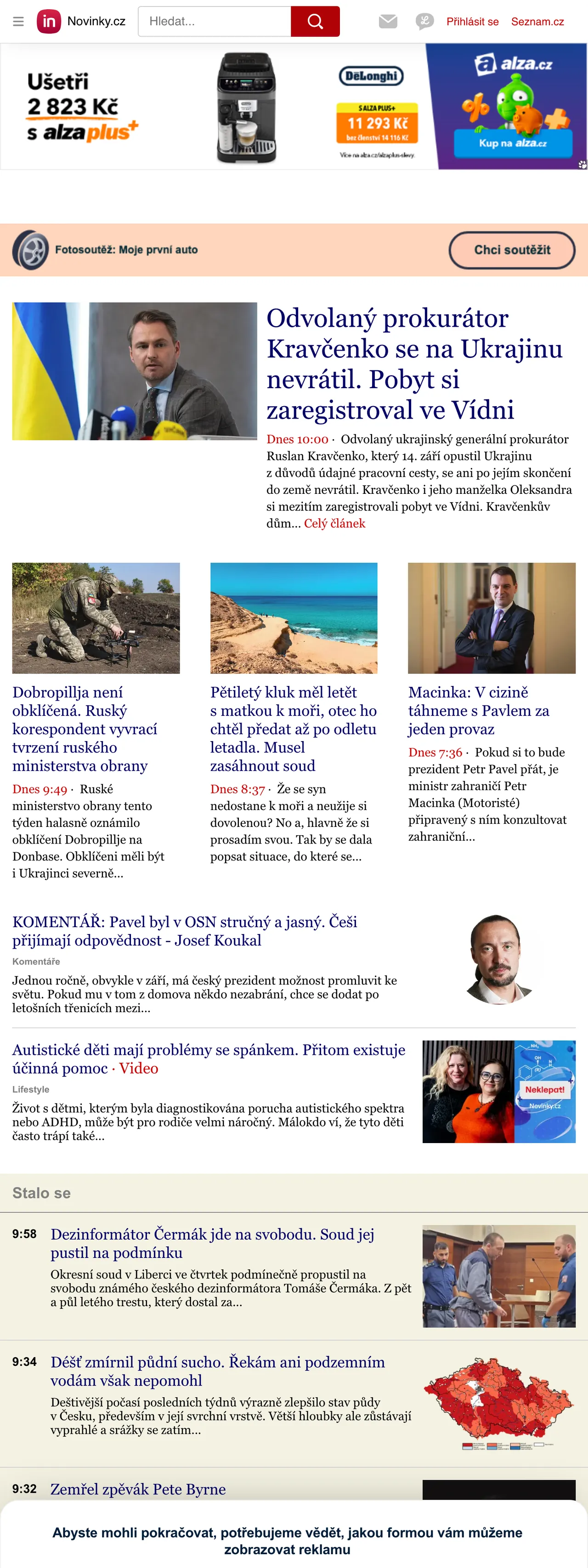 Screenshot of the Novinky.cz front page