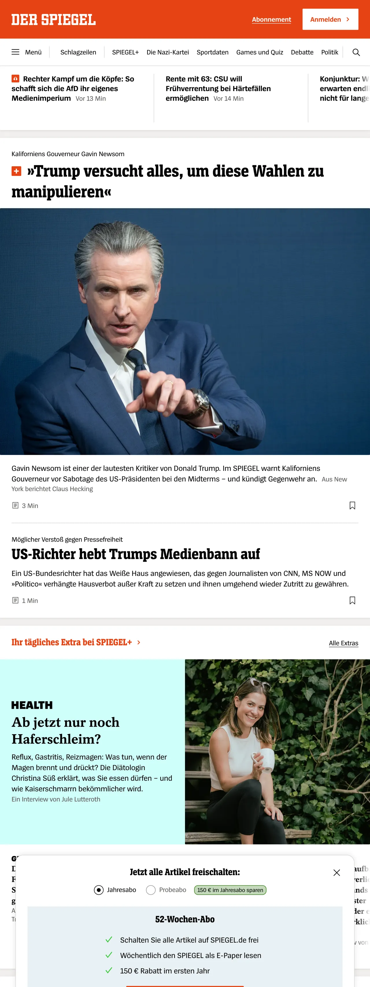 Screenshot of the DER SPIEGEL front page