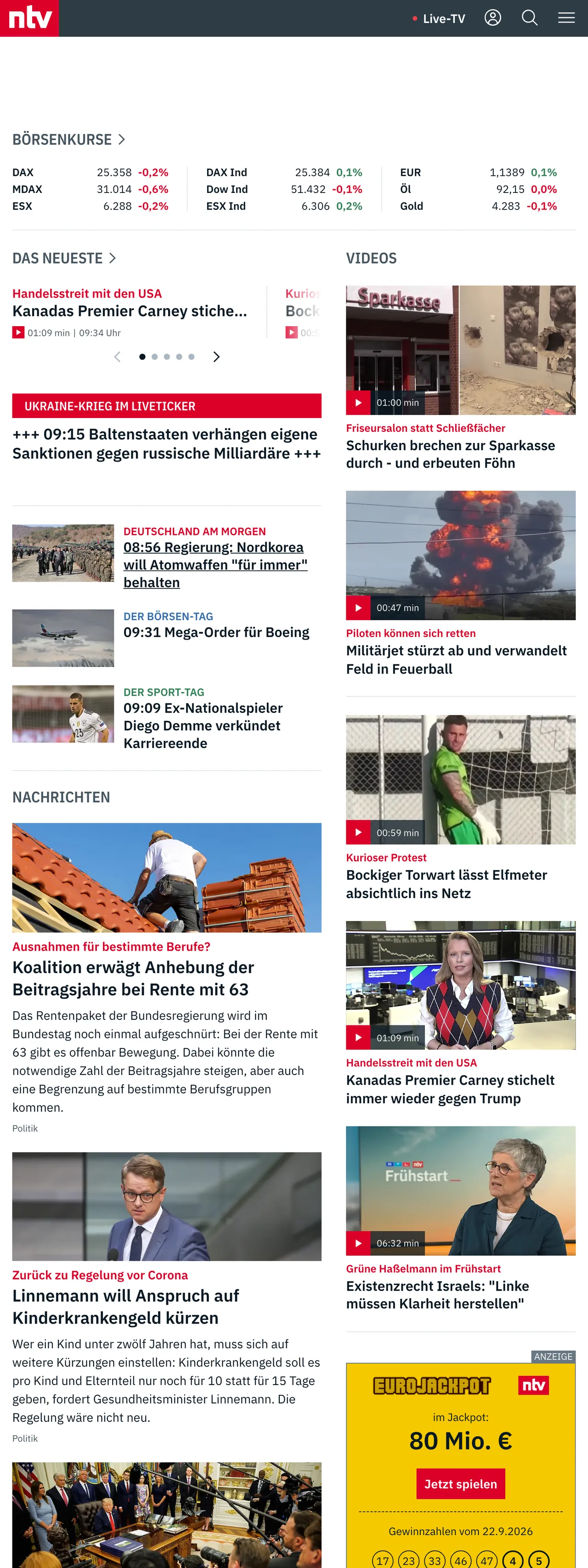 Screenshot of the n-tv front page