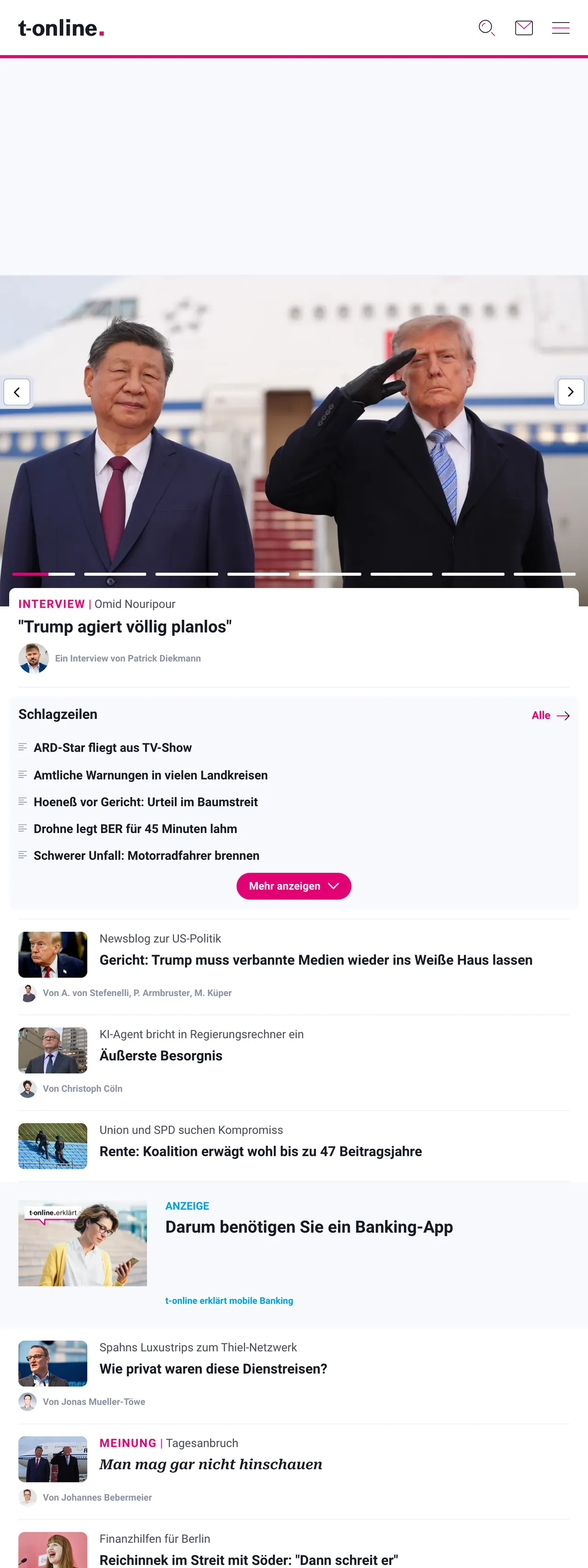 Screenshot of the t-online front page