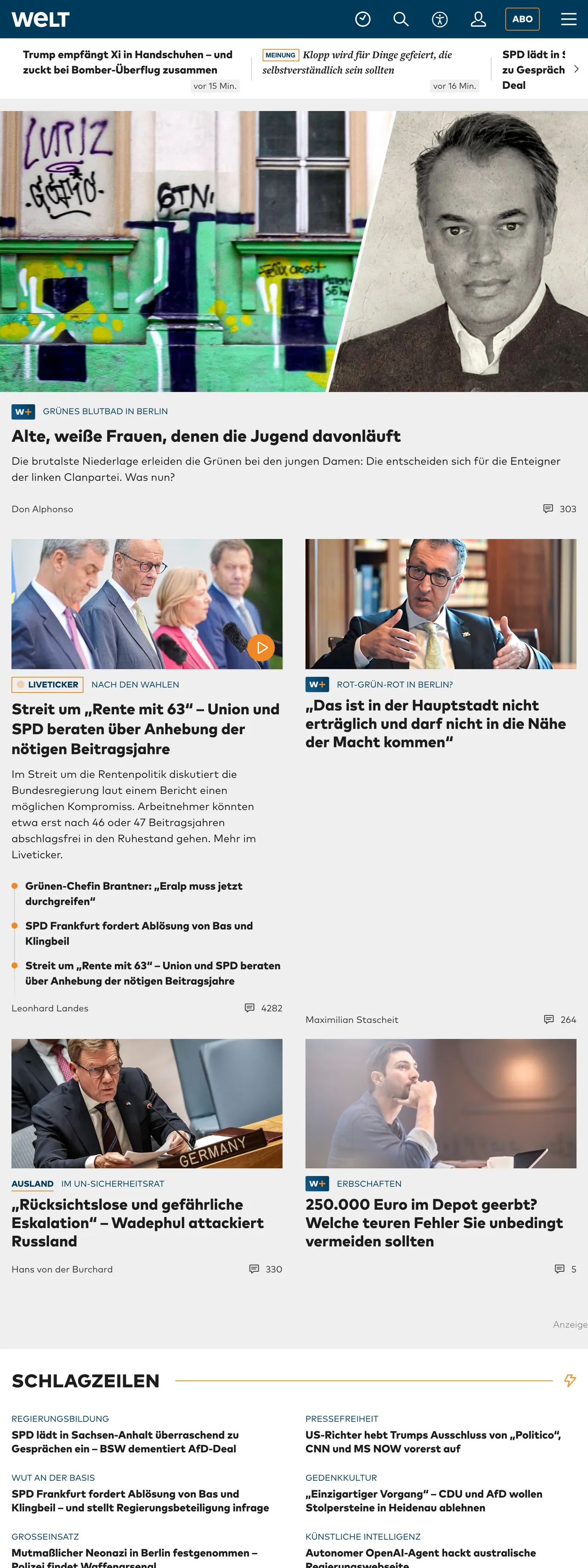 Screenshot of the WELT front page
