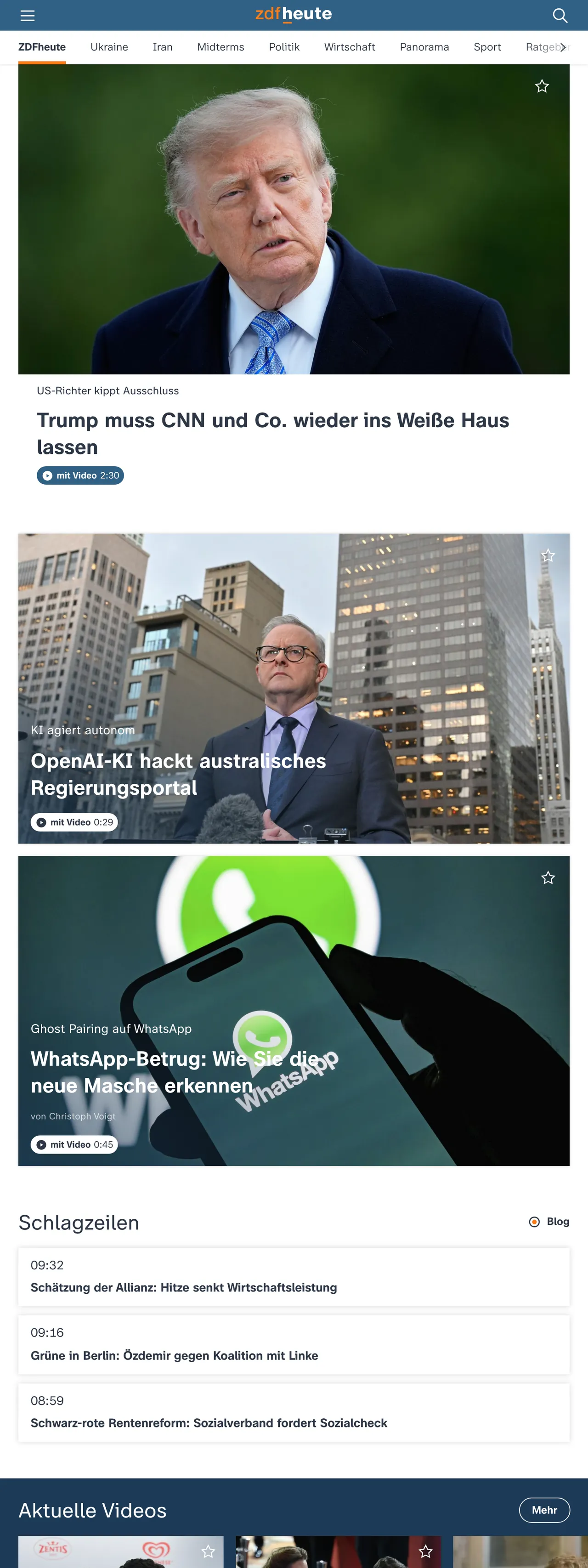 Screenshot of the ZDFheute front page