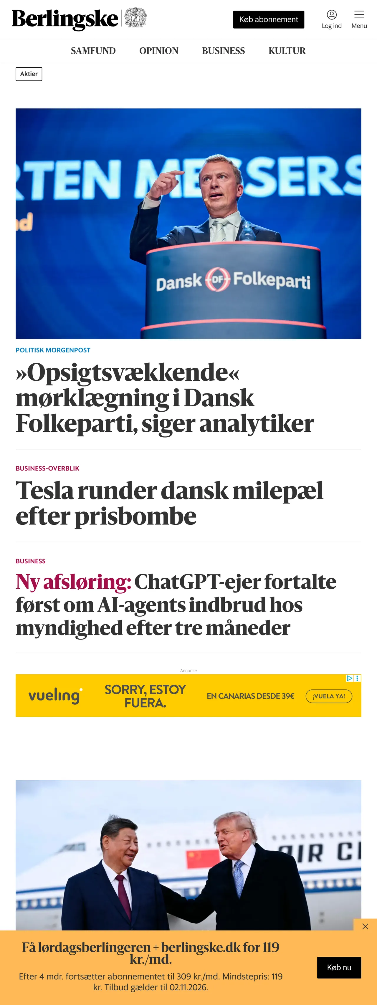 Screenshot of the Berlingske front page