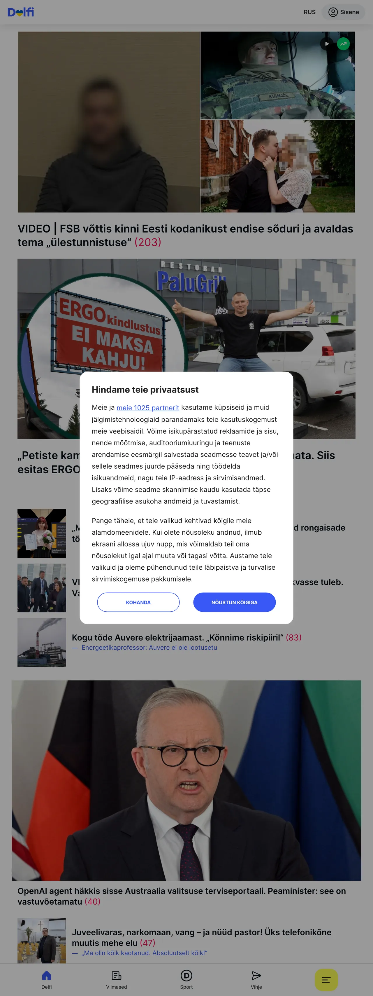 Screenshot of the Delfi front page