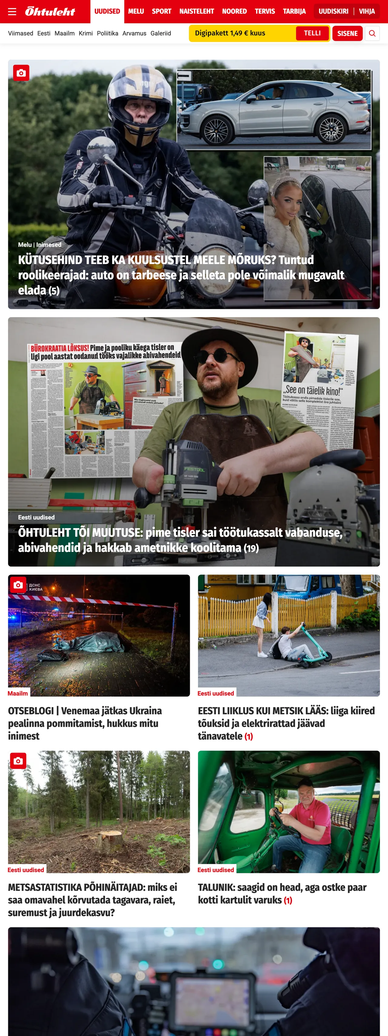 Screenshot of the Õhtuleht front page