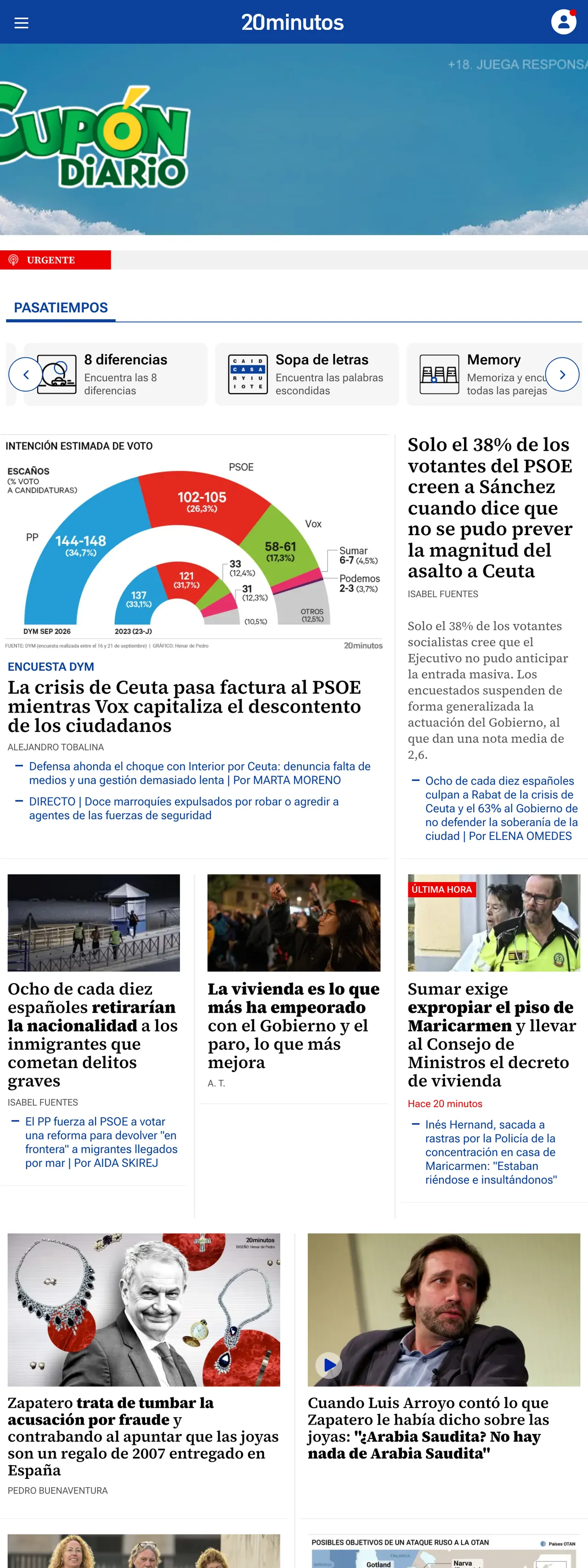 Screenshot of the 20minutos front page
