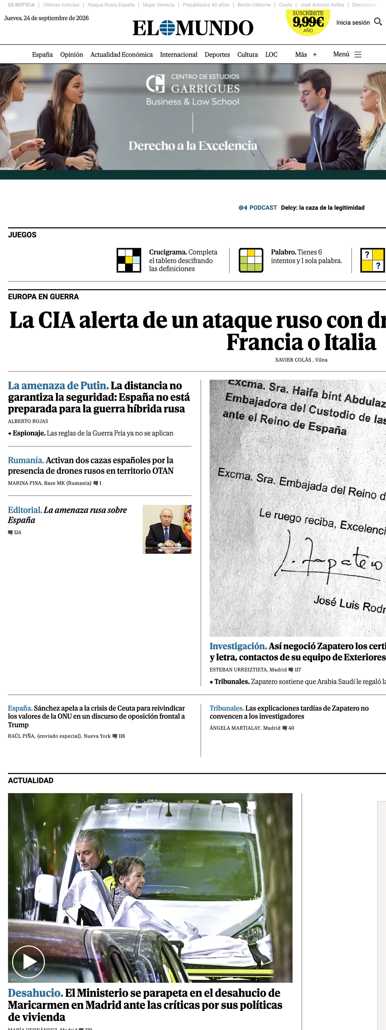 Screenshot of the El Mundo front page