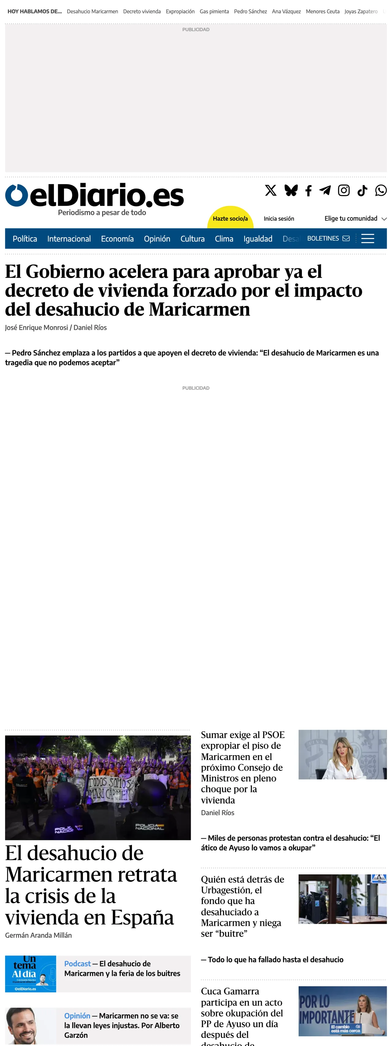 Screenshot of the elDiario.es front page