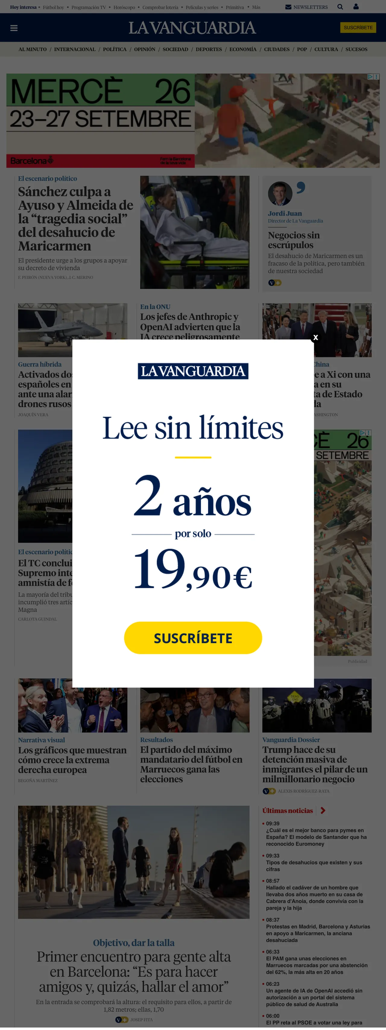 Screenshot of the La Vanguardia front page