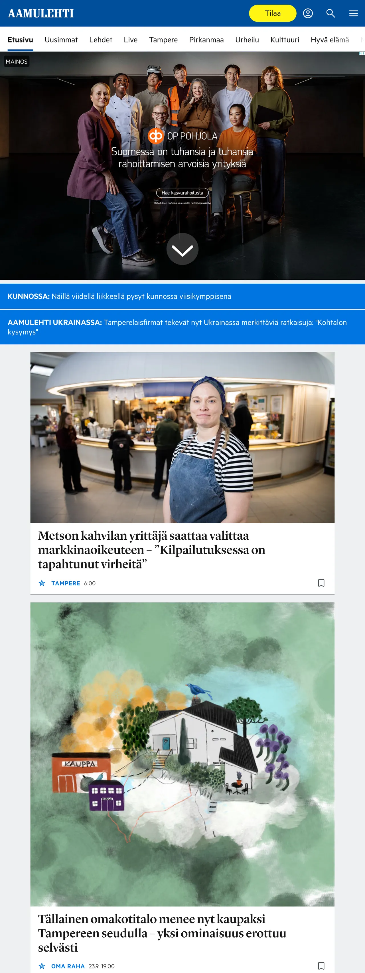 Screenshot of the Aamulehti front page