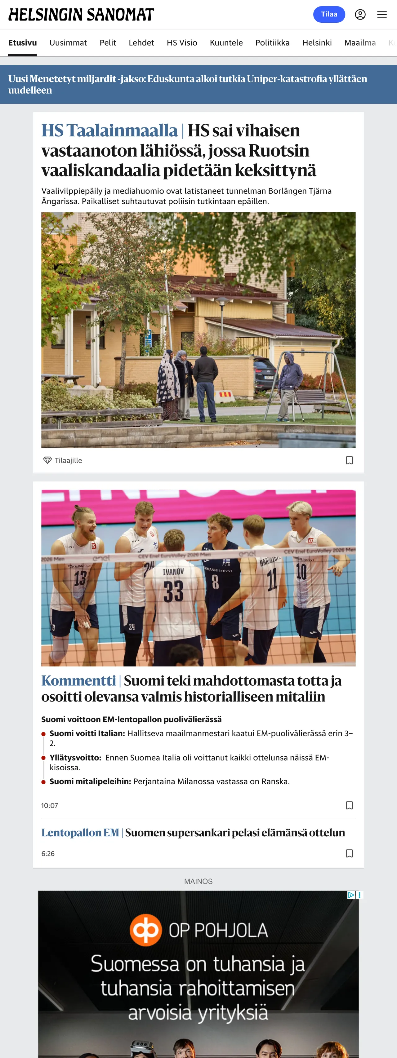 Screenshot of the Helsingin Sanomat front page