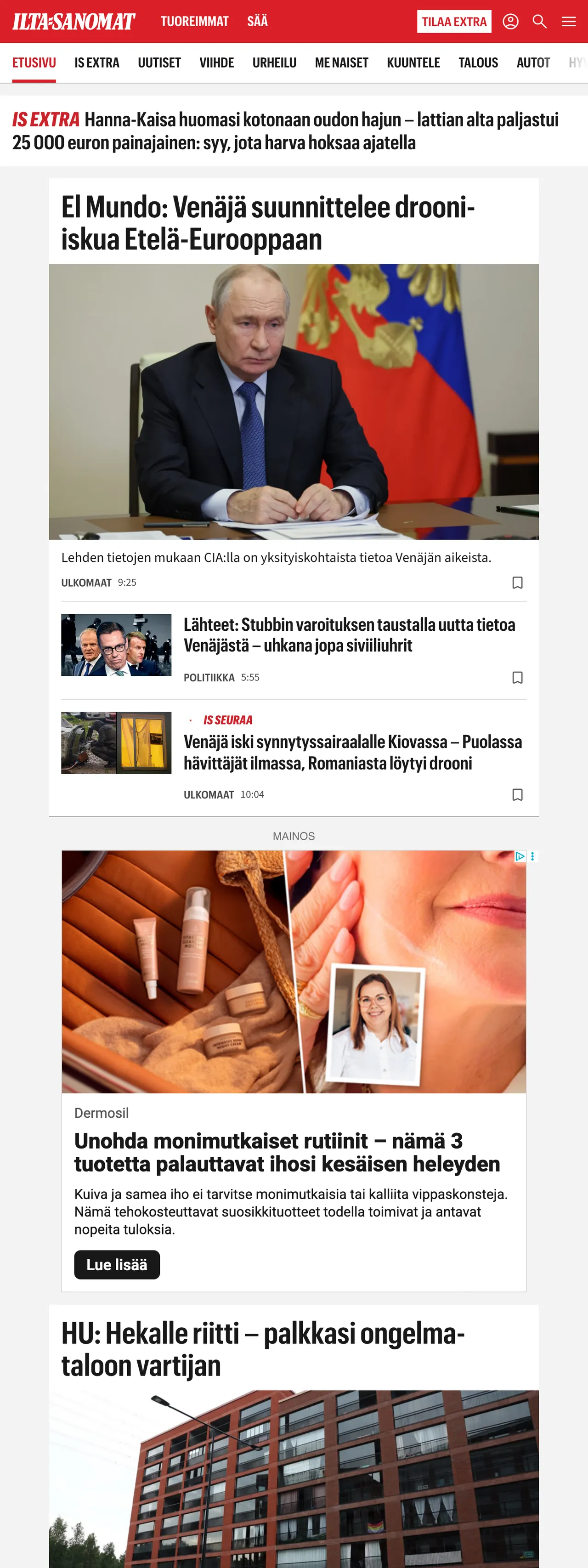 Screenshot of the Ilta-Sanomat front page