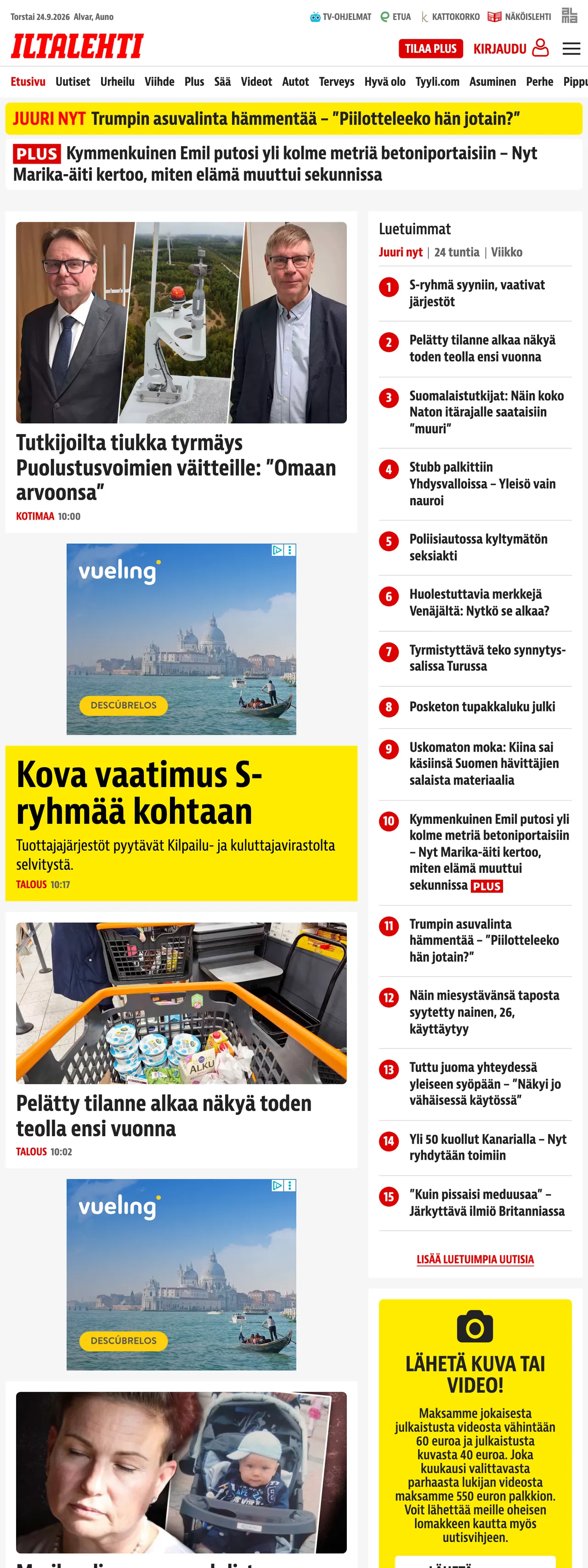 Screenshot of the Iltalehti front page