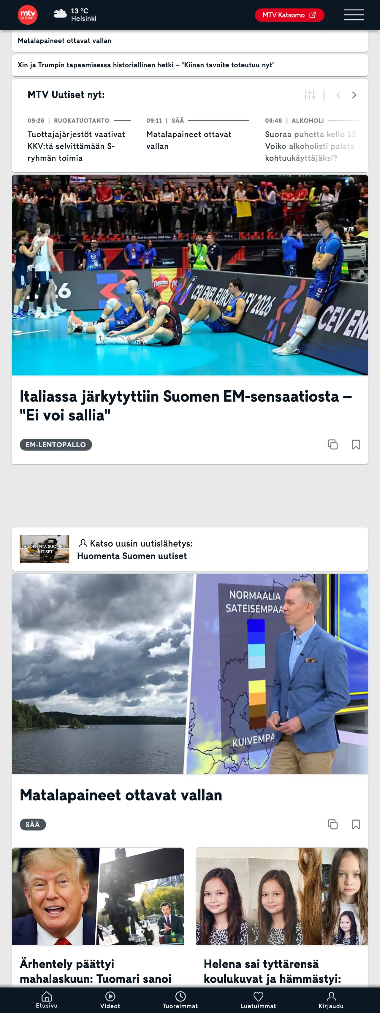 Screenshot of the MTV Uutiset front page