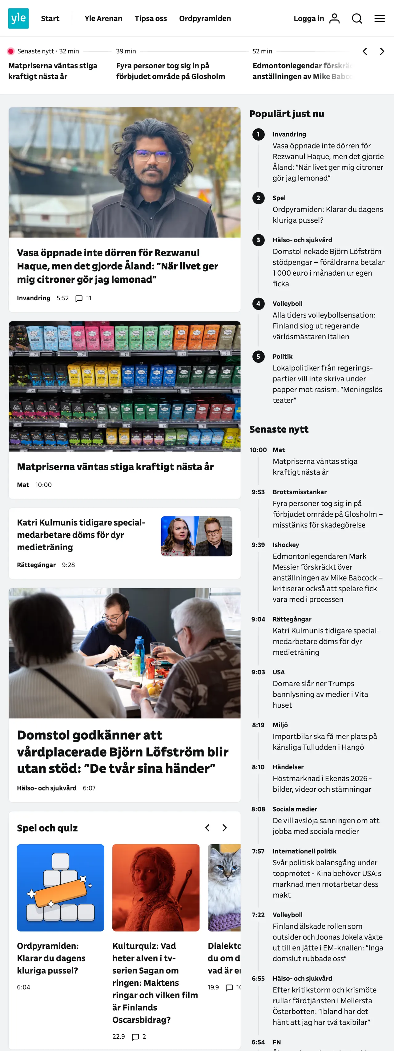 Screenshot of the Svenska Yle front page
