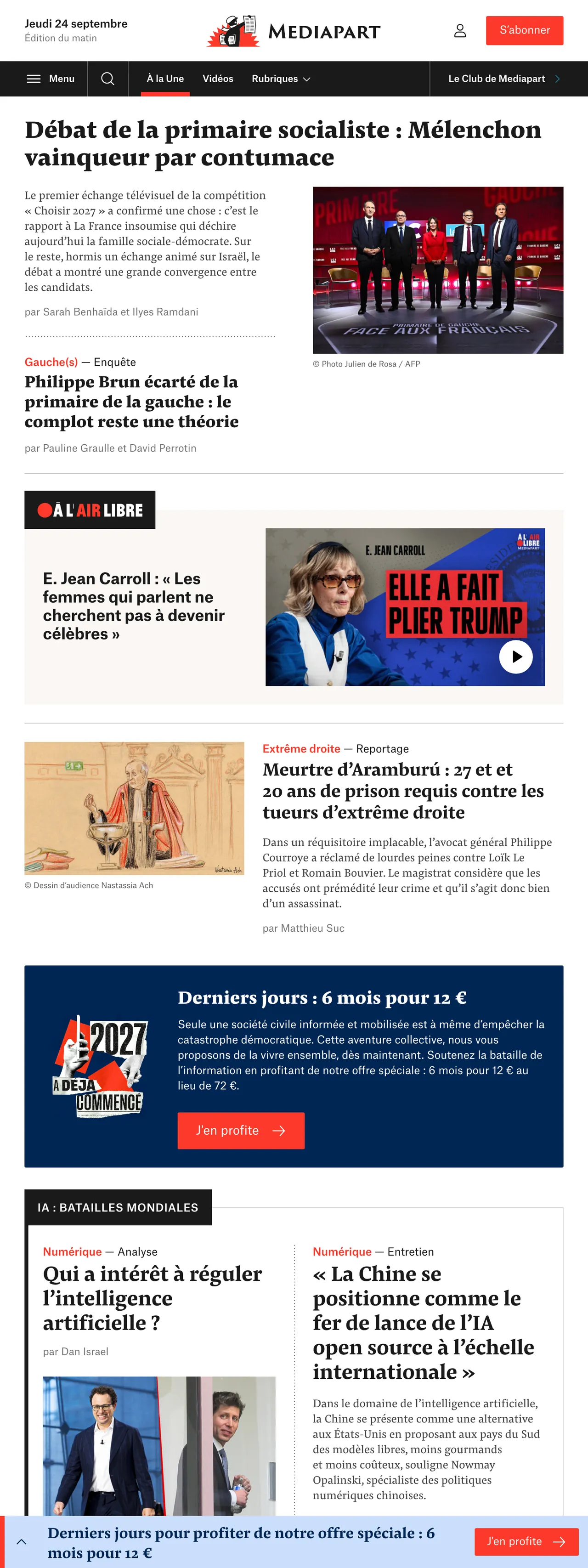 Screenshot of the Mediapart front page