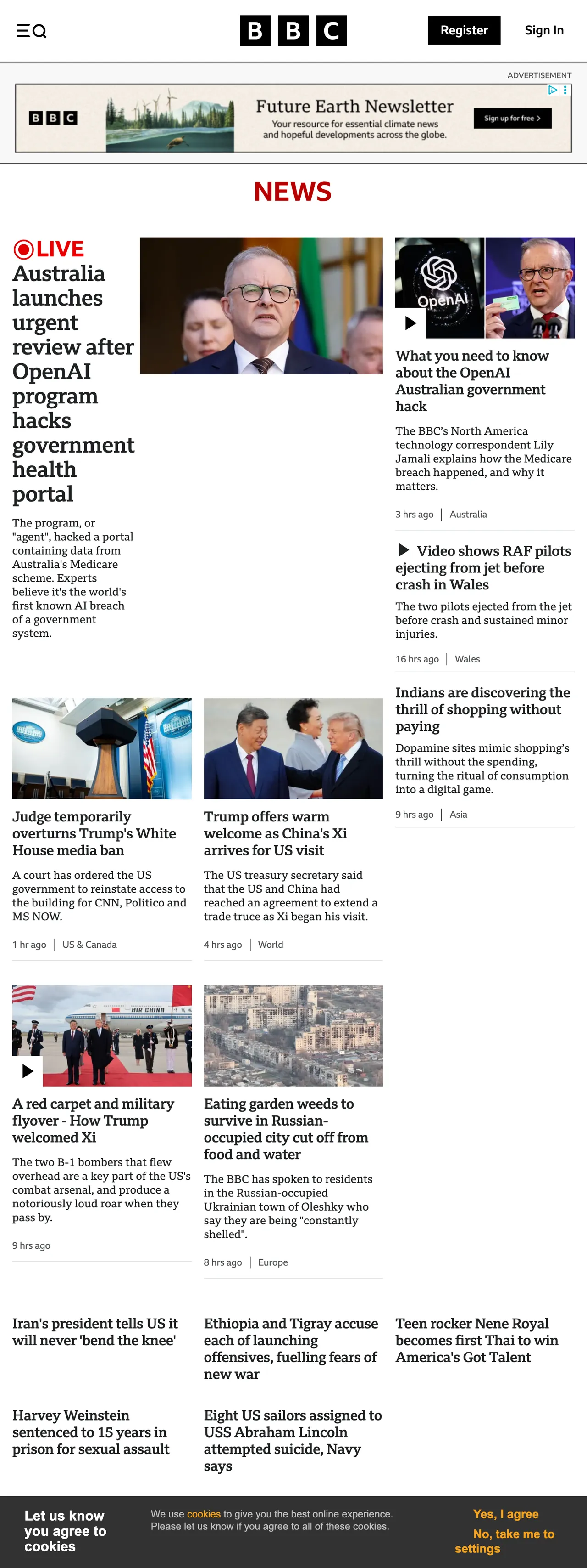 Screenshot of the BBC News front page