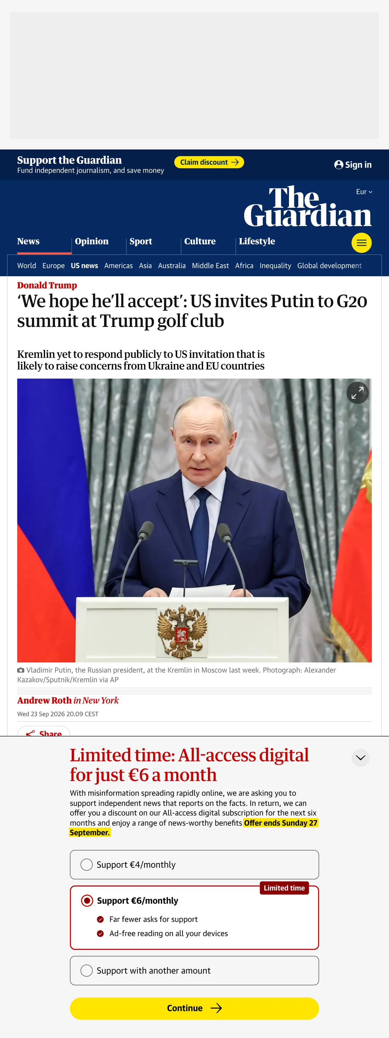 Screenshot of the The Guardian front page