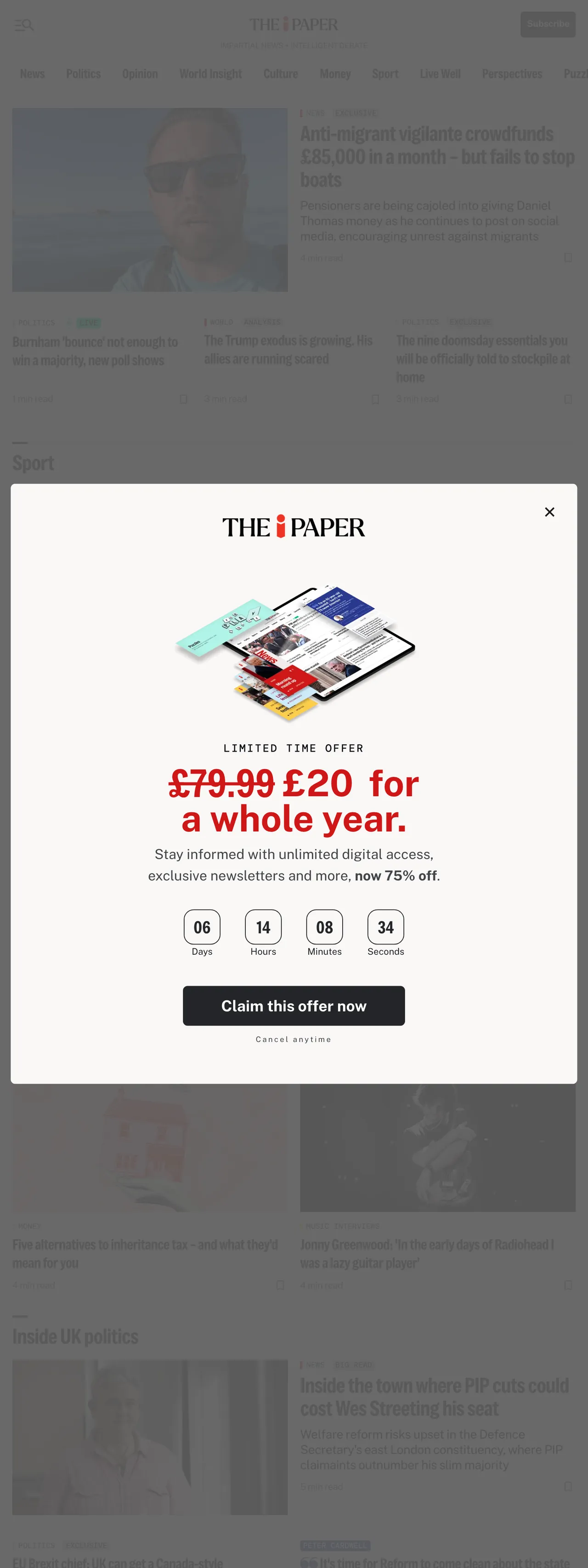 Screenshot of the The i Paper front page