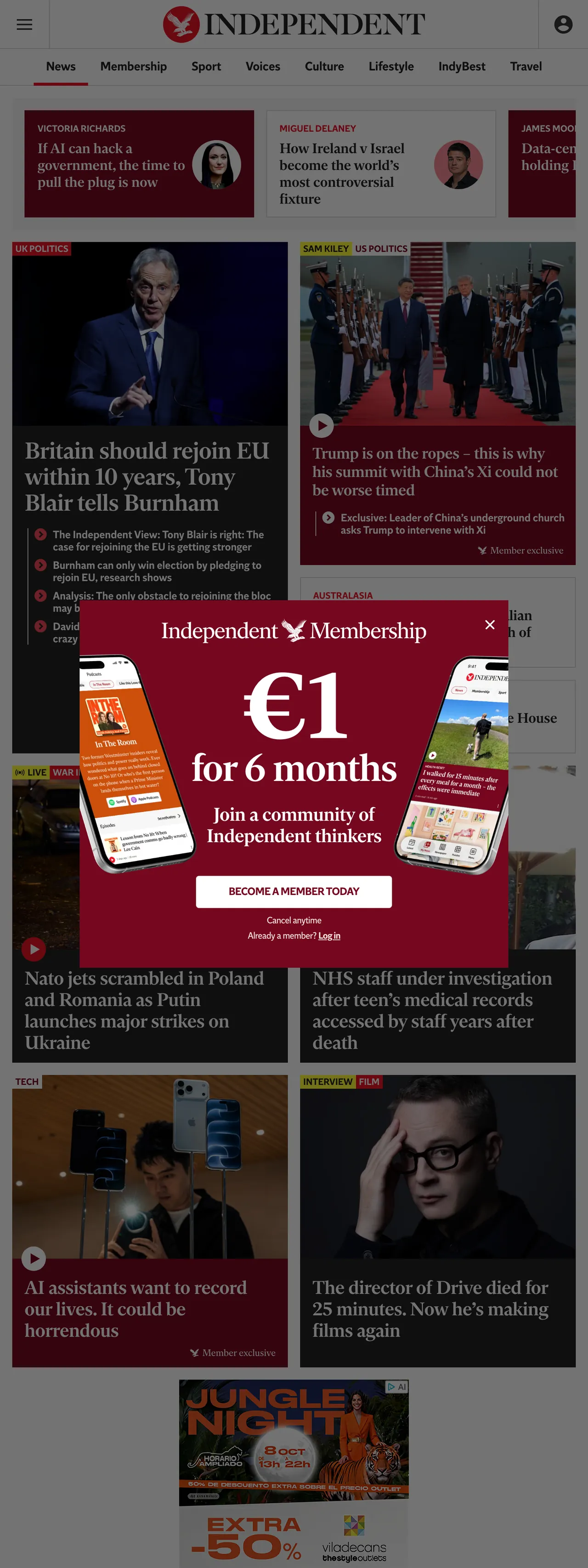 Screenshot of the The Independent front page