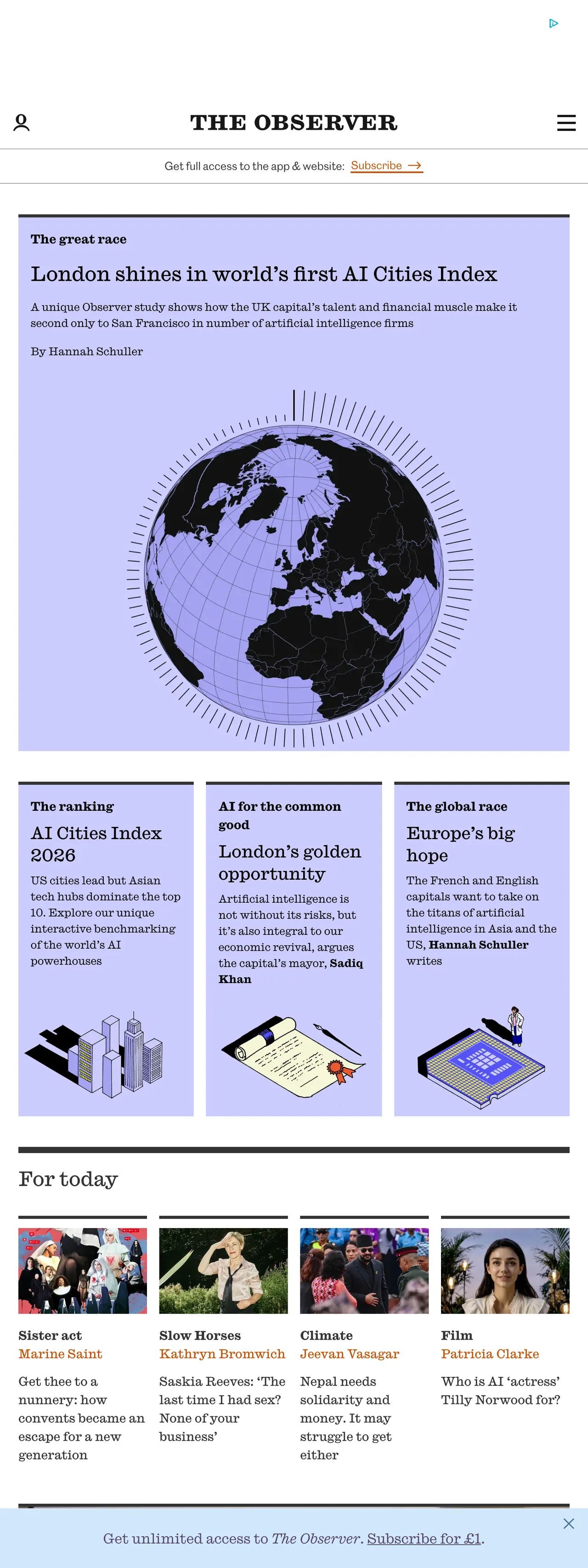 Screenshot of the The Observer front page