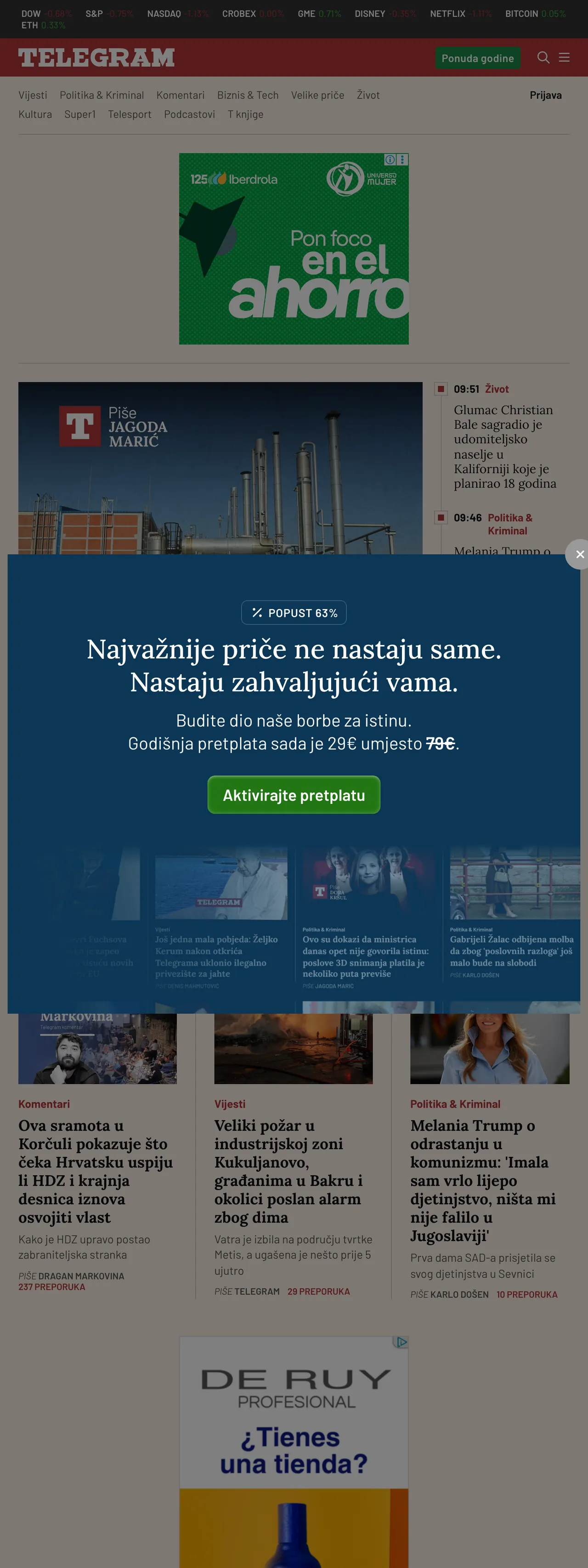 Screenshot of the Telegram.hr front page