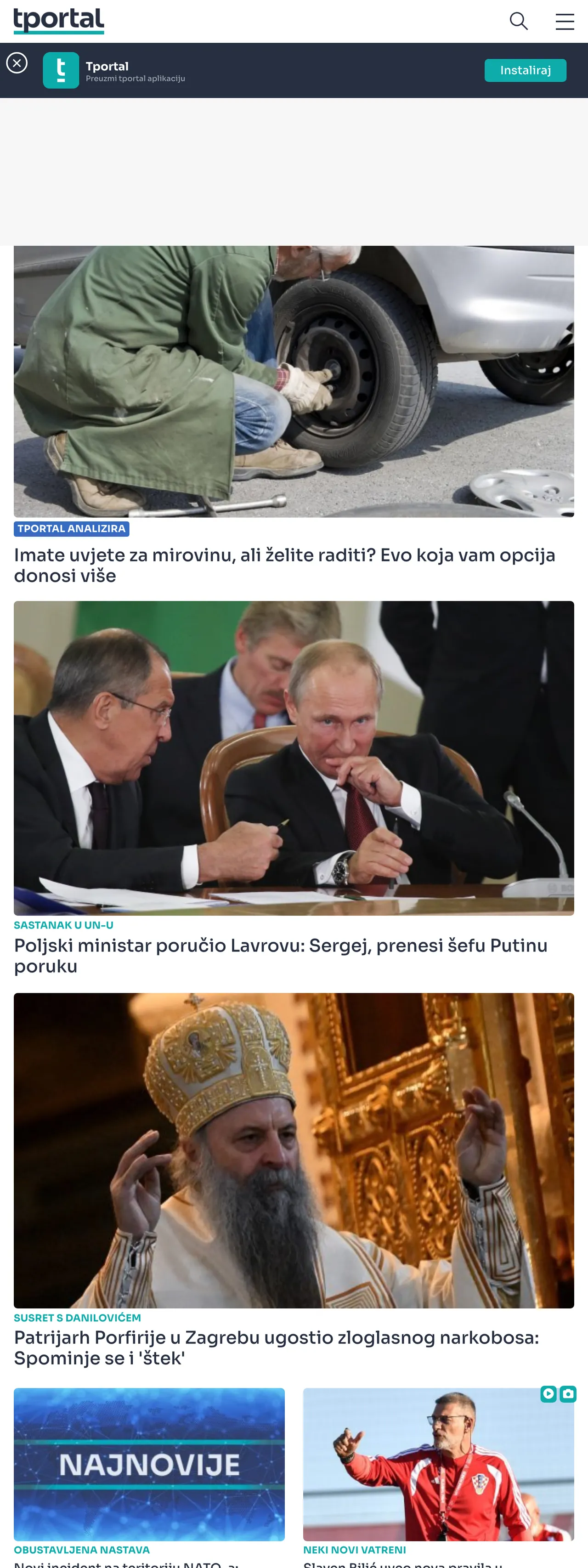 Screenshot of the tportal front page