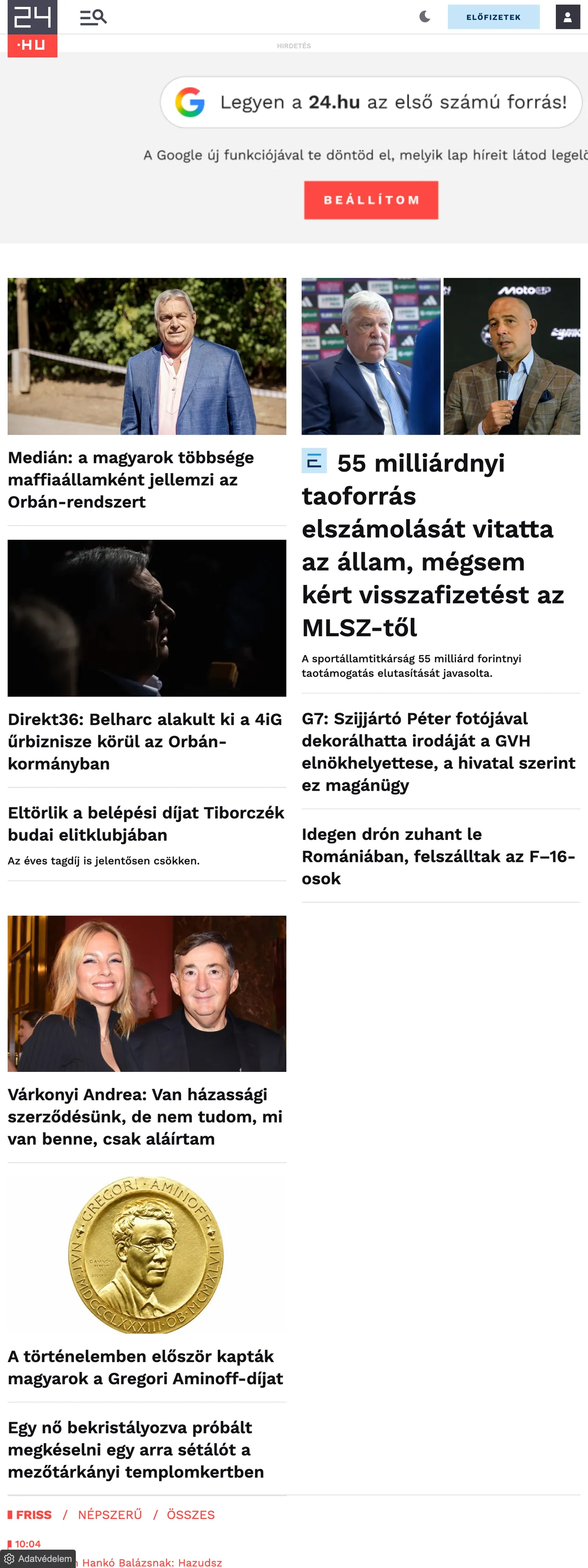 Screenshot of the 24.hu front page
