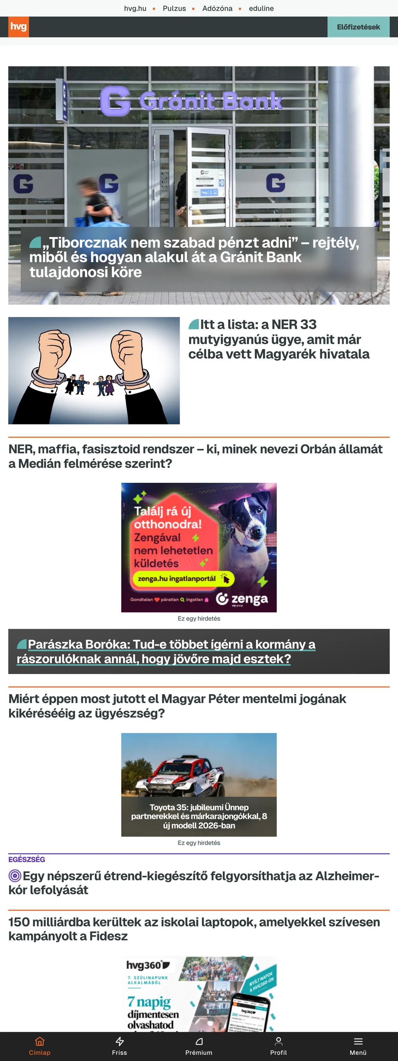 Screenshot of the HVG front page