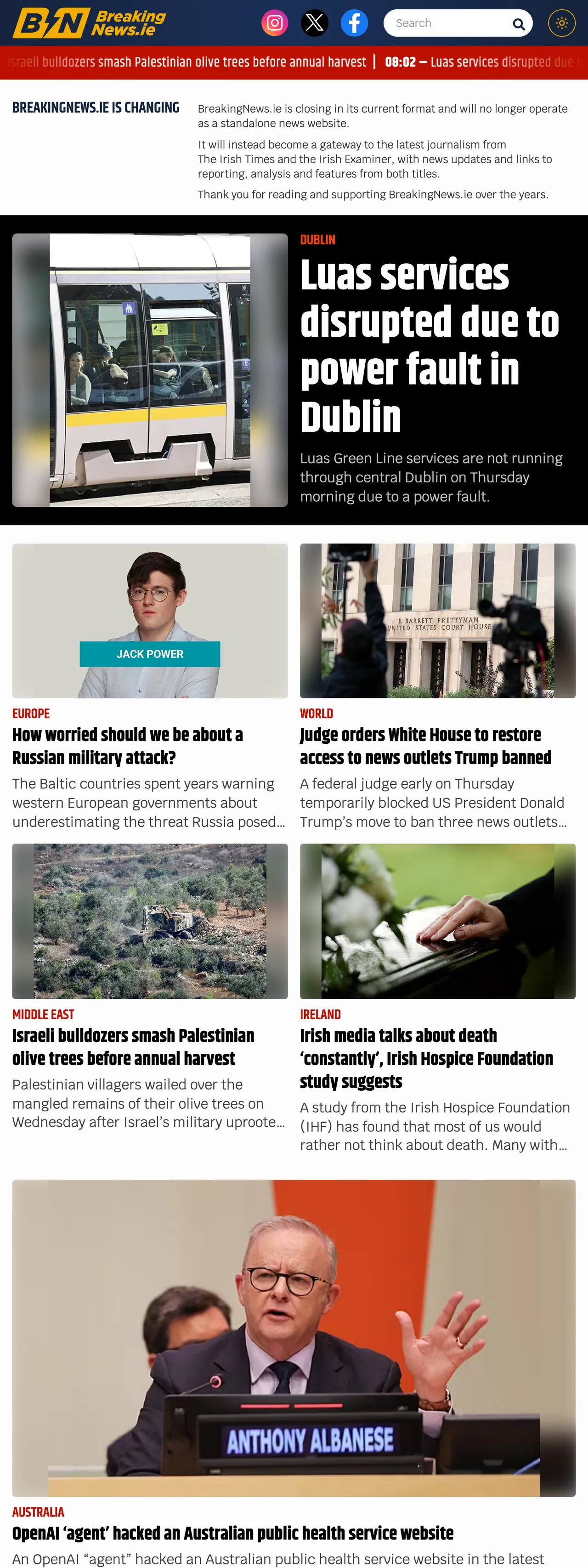 Screenshot of the BreakingNews.ie front page