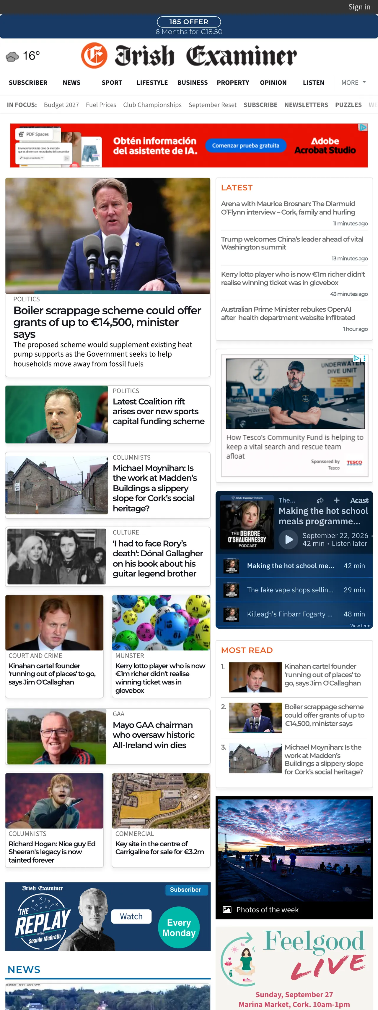 Screenshot of the Irish Examiner front page