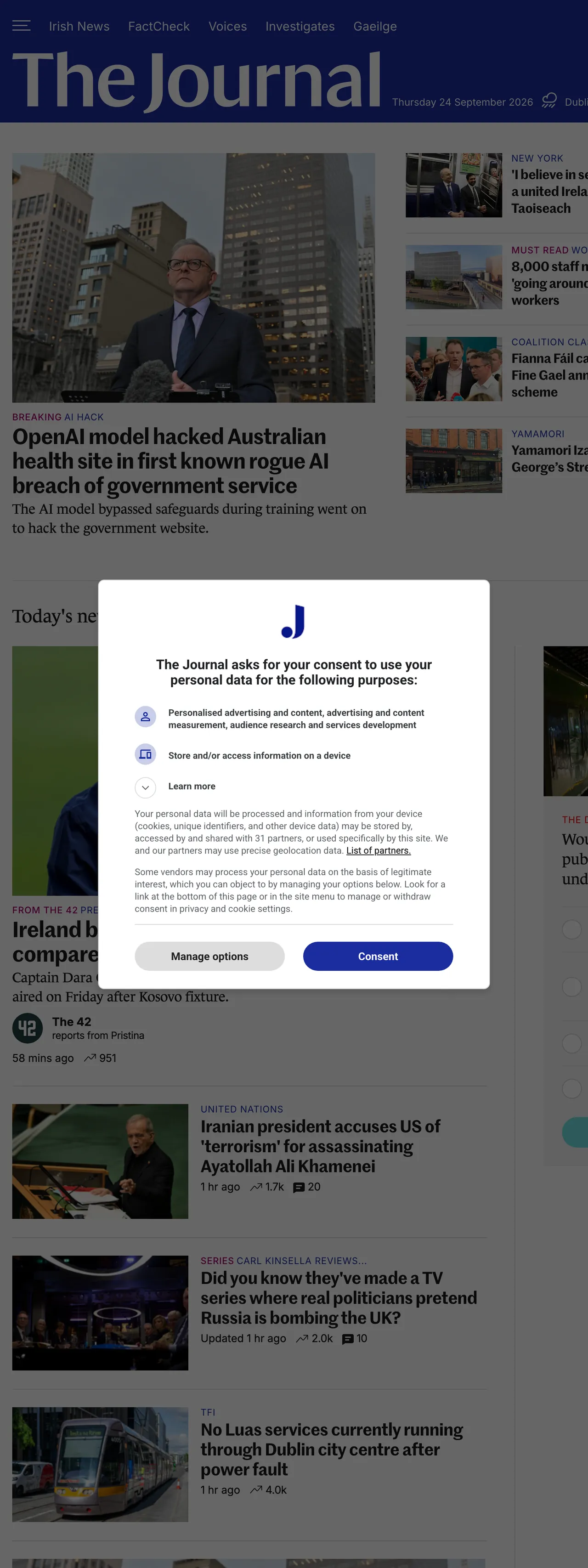 Screenshot of the TheJournal.ie front page