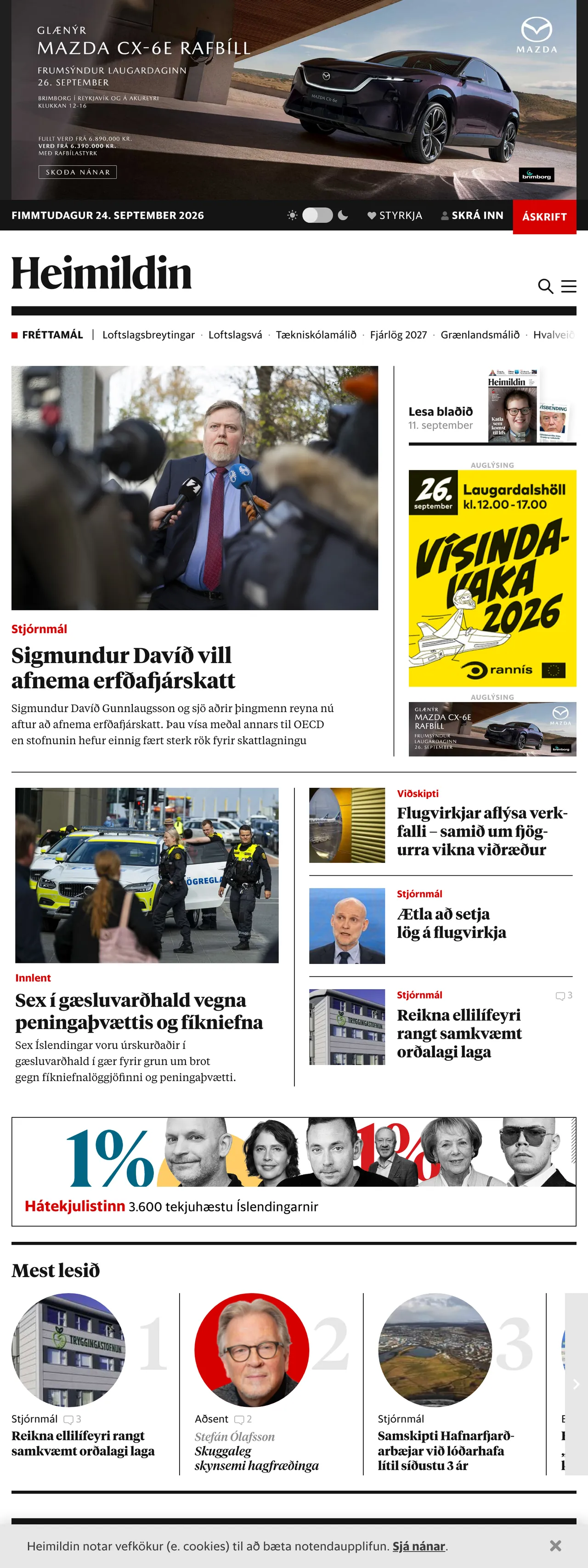 Screenshot of the Heimildin front page