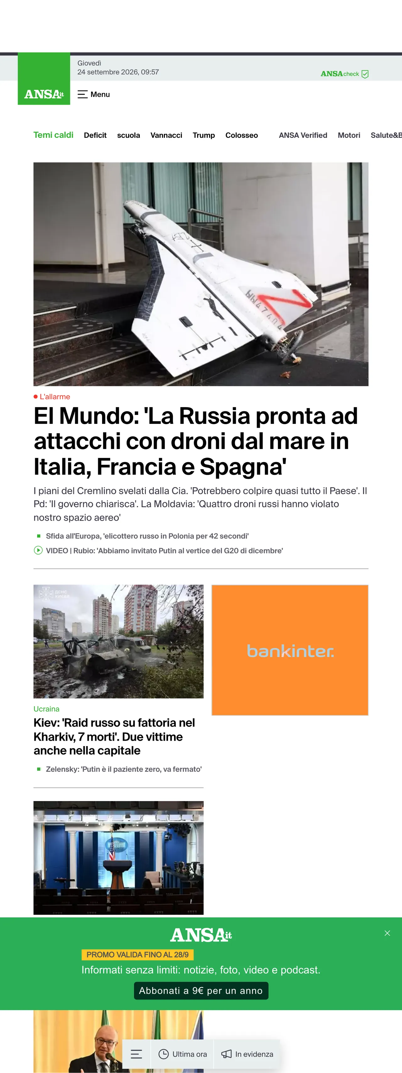 Screenshot of the ANSA front page