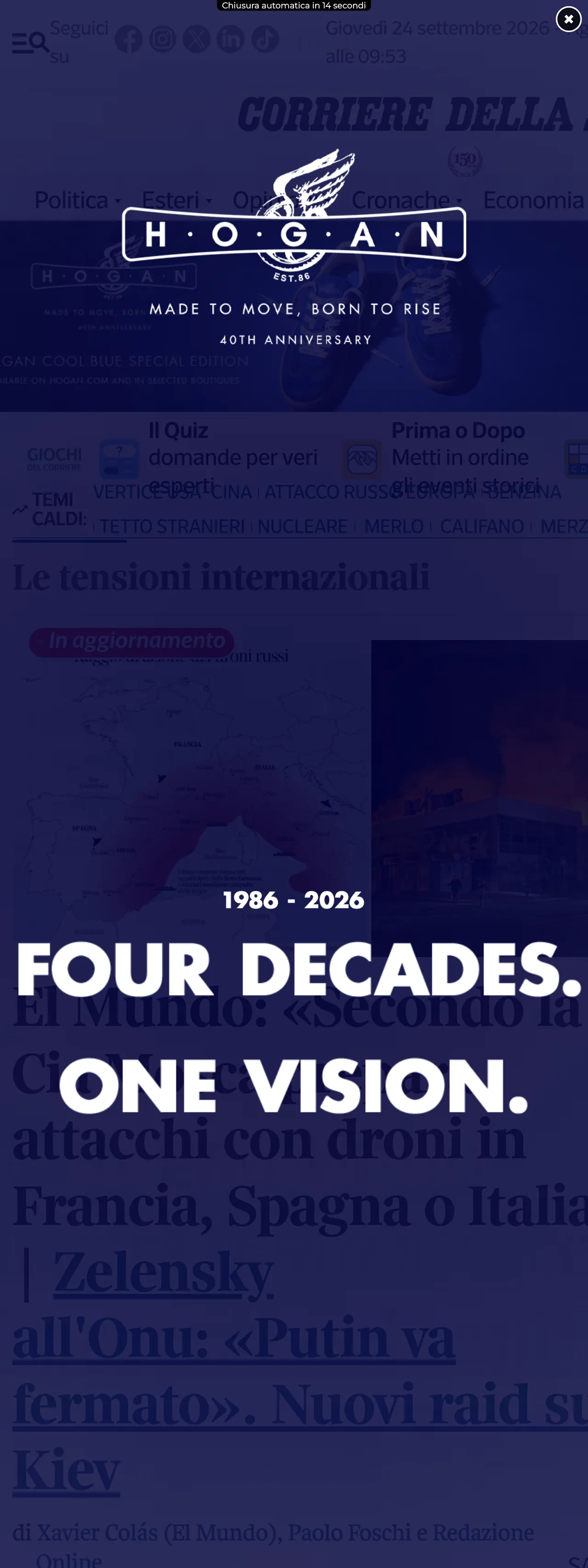 Screenshot of the Corriere della Sera front page