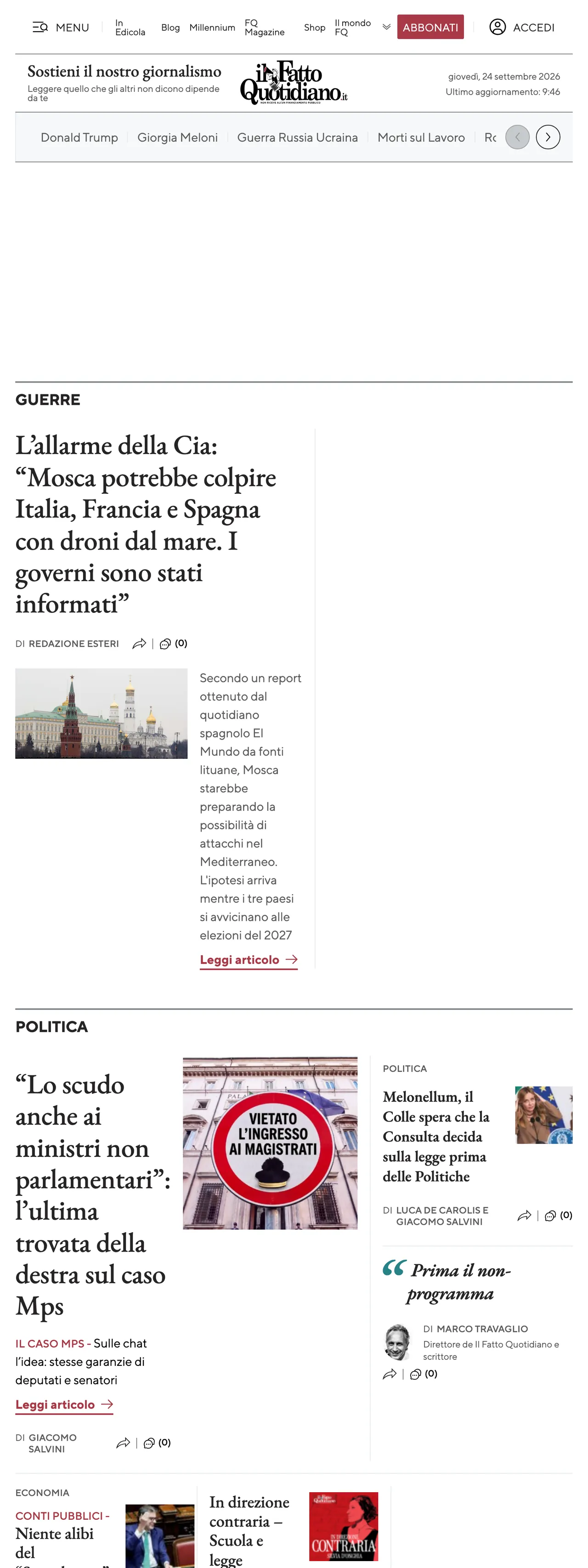Screenshot of the Il Fatto Quotidiano front page