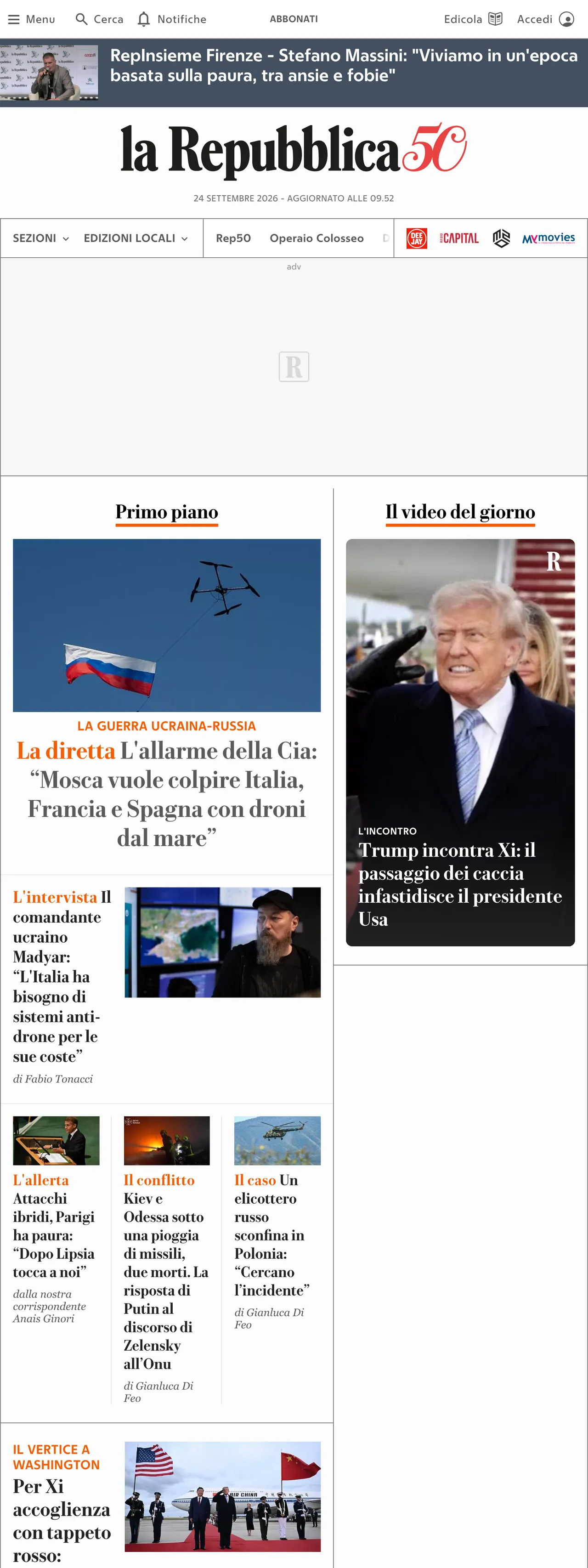 Screenshot of the la Repubblica front page