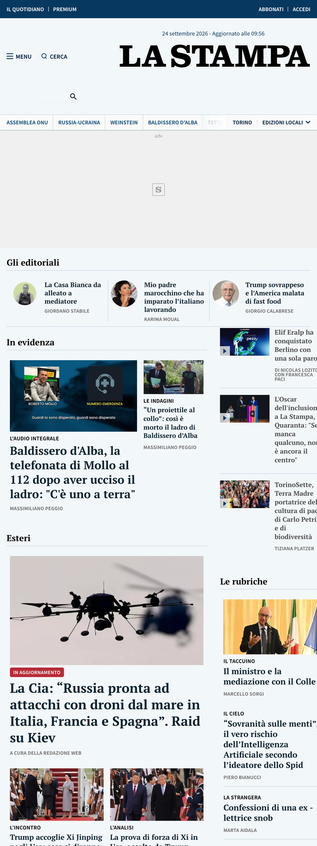 Screenshot of the La Stampa front page