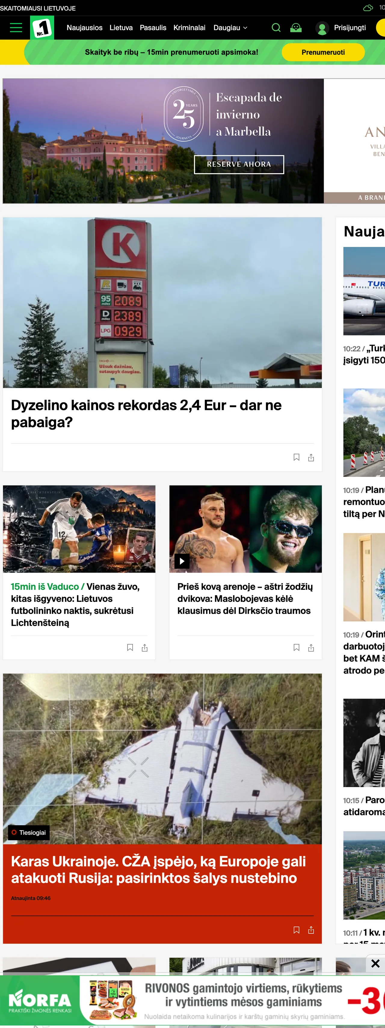 Screenshot of the 15min front page