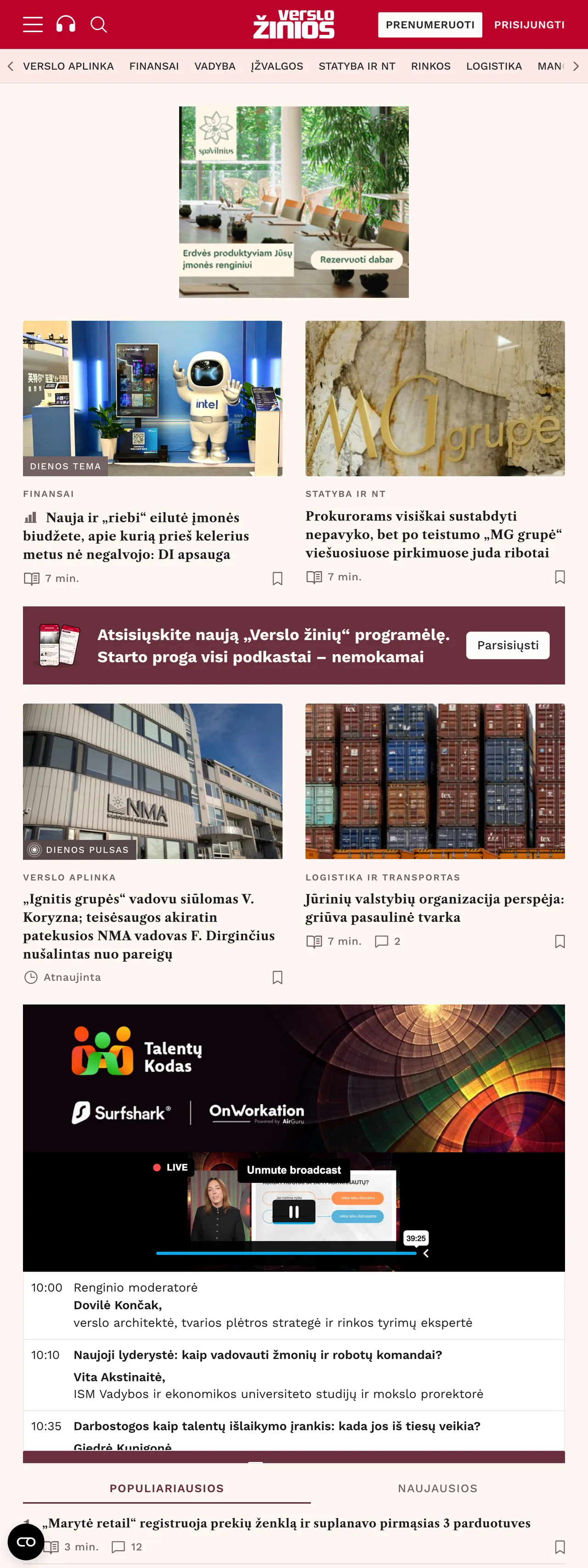 Screenshot of the Verslo žinios front page