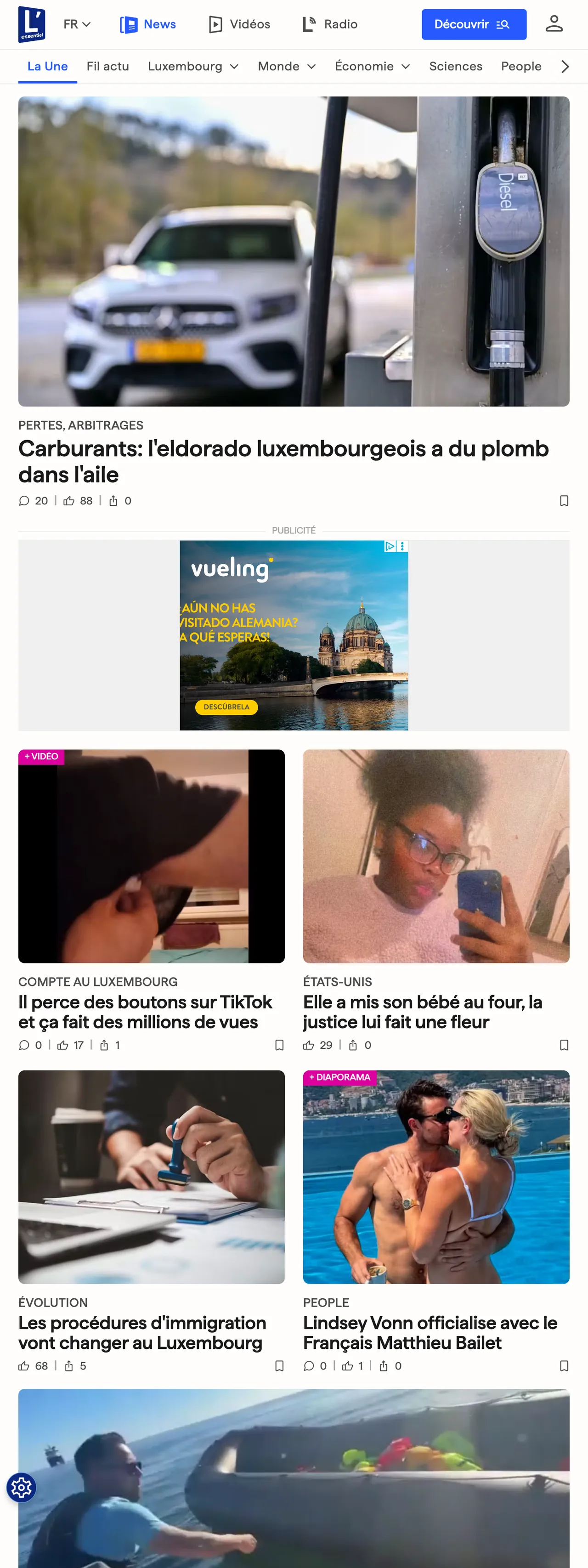 Screenshot of the L'essentiel front page