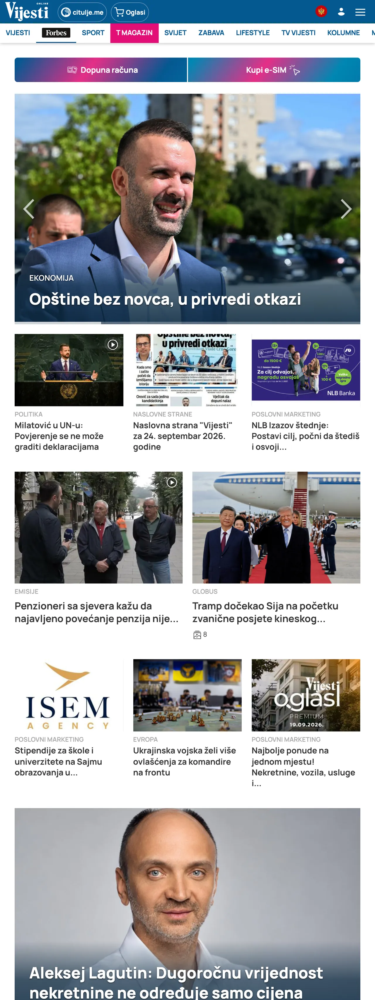 Screenshot of the Vijesti front page