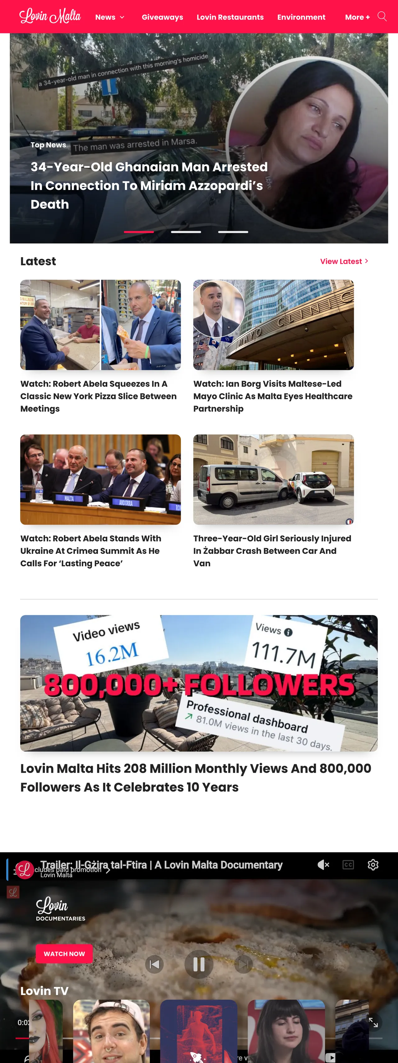 Screenshot of the Lovin Malta front page