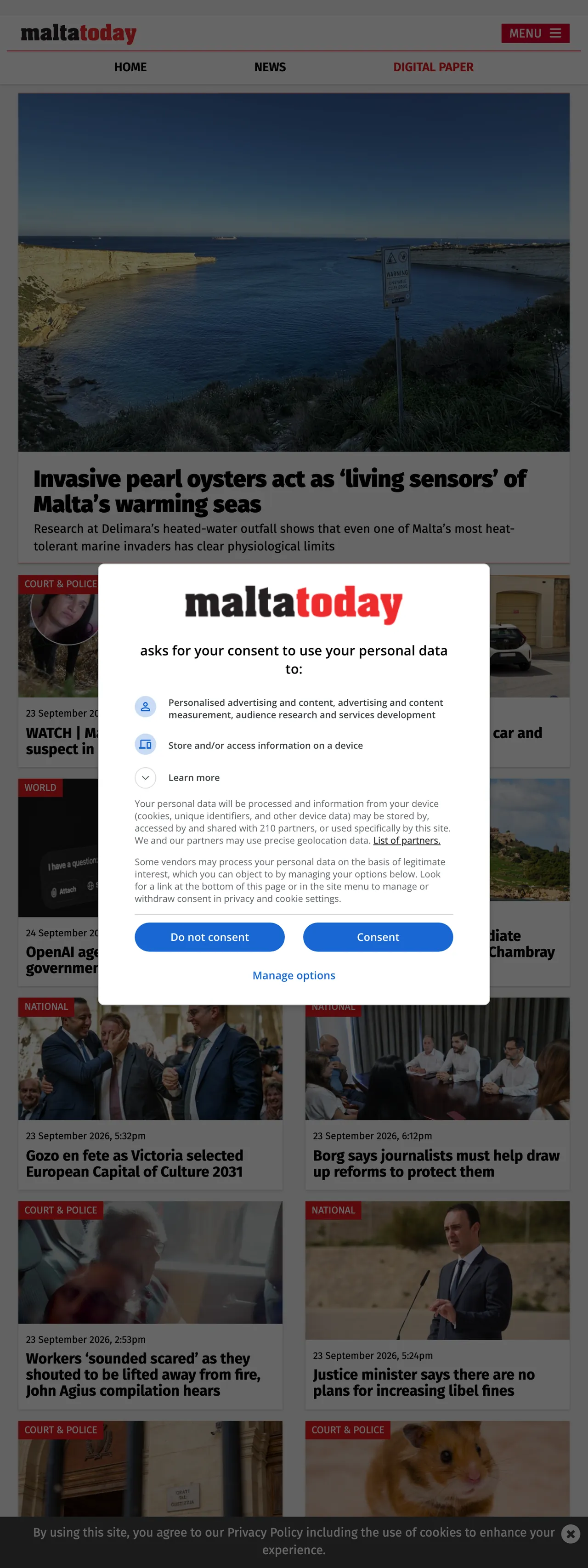 Screenshot of the Malta Today front page