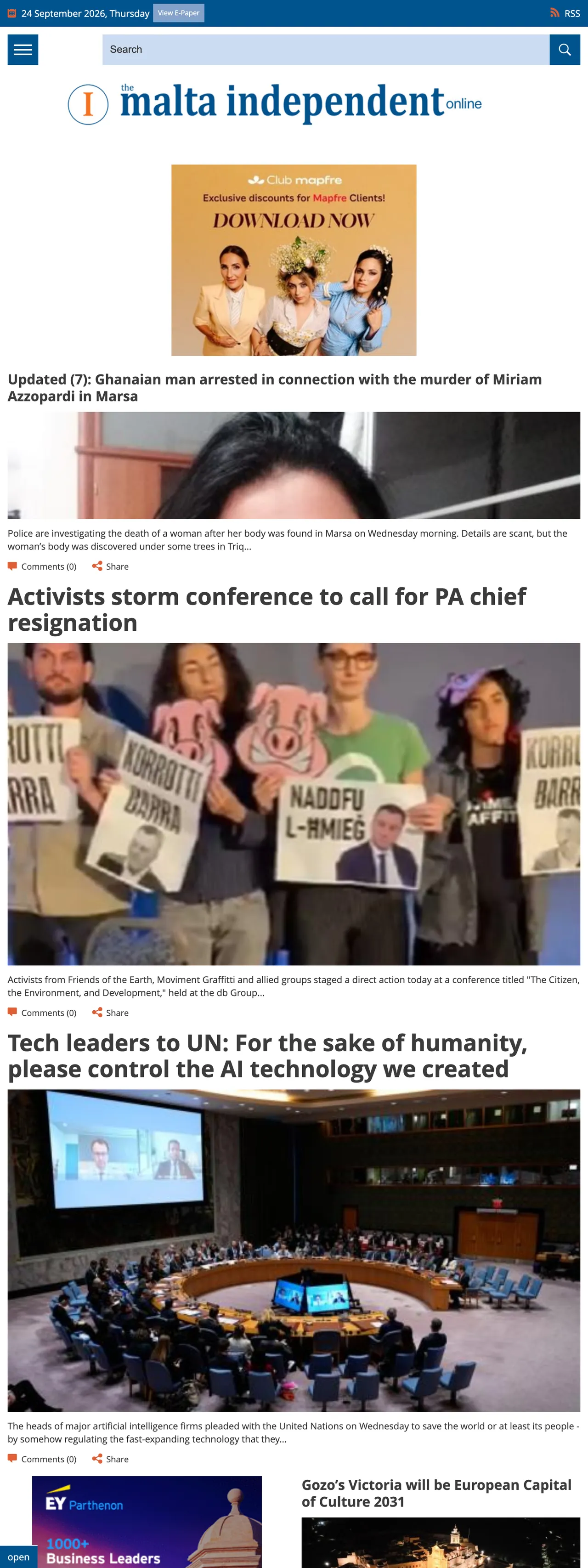 Screenshot of the The Malta Independent front page