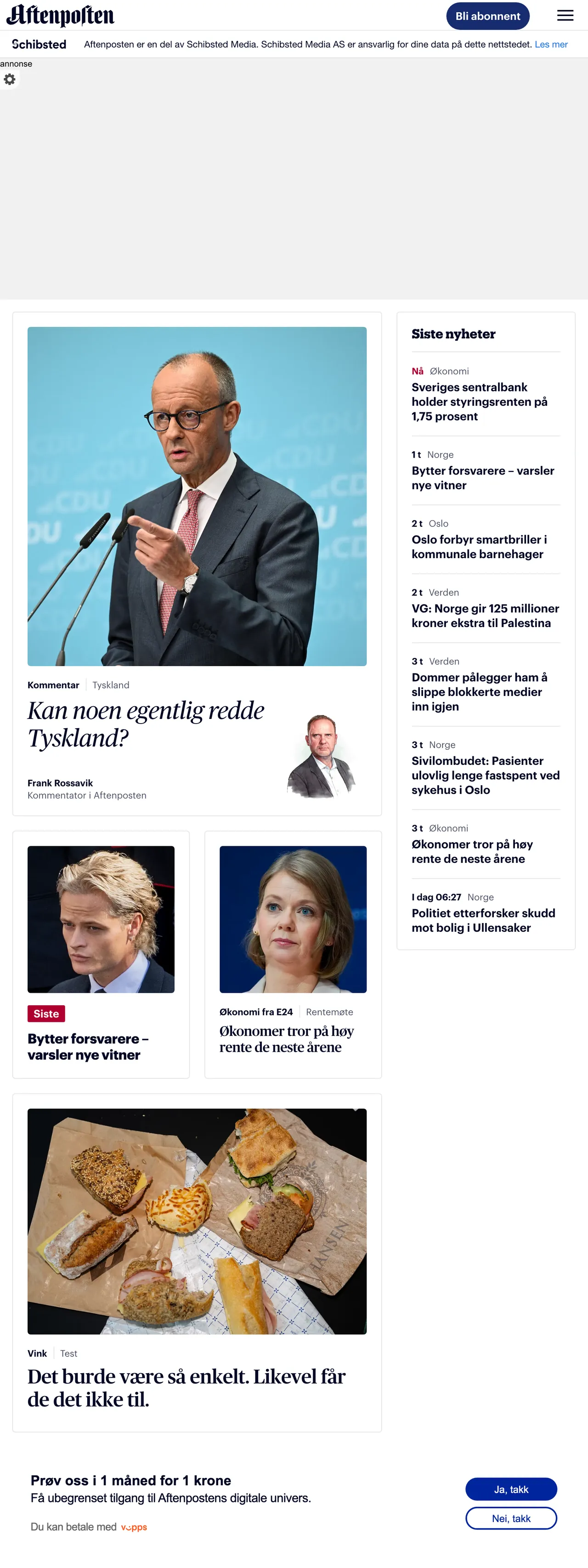 Screenshot of the Aftenposten front page
