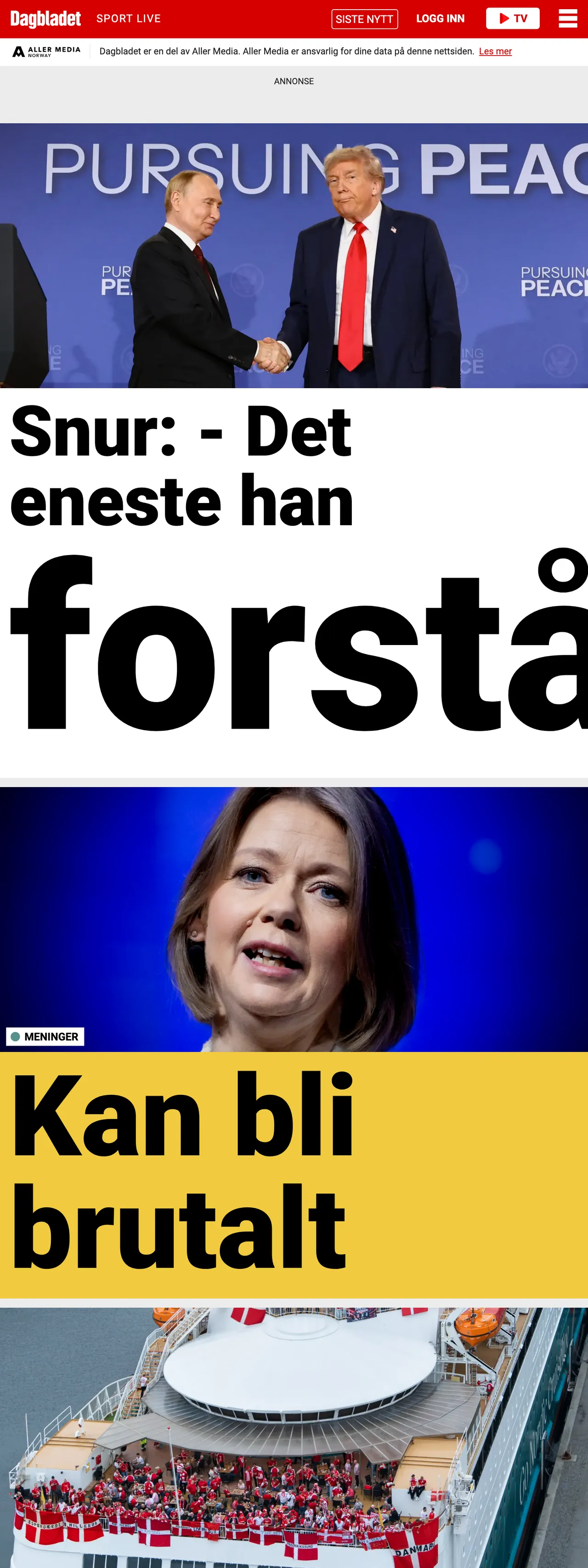 Screenshot of the Dagbladet front page