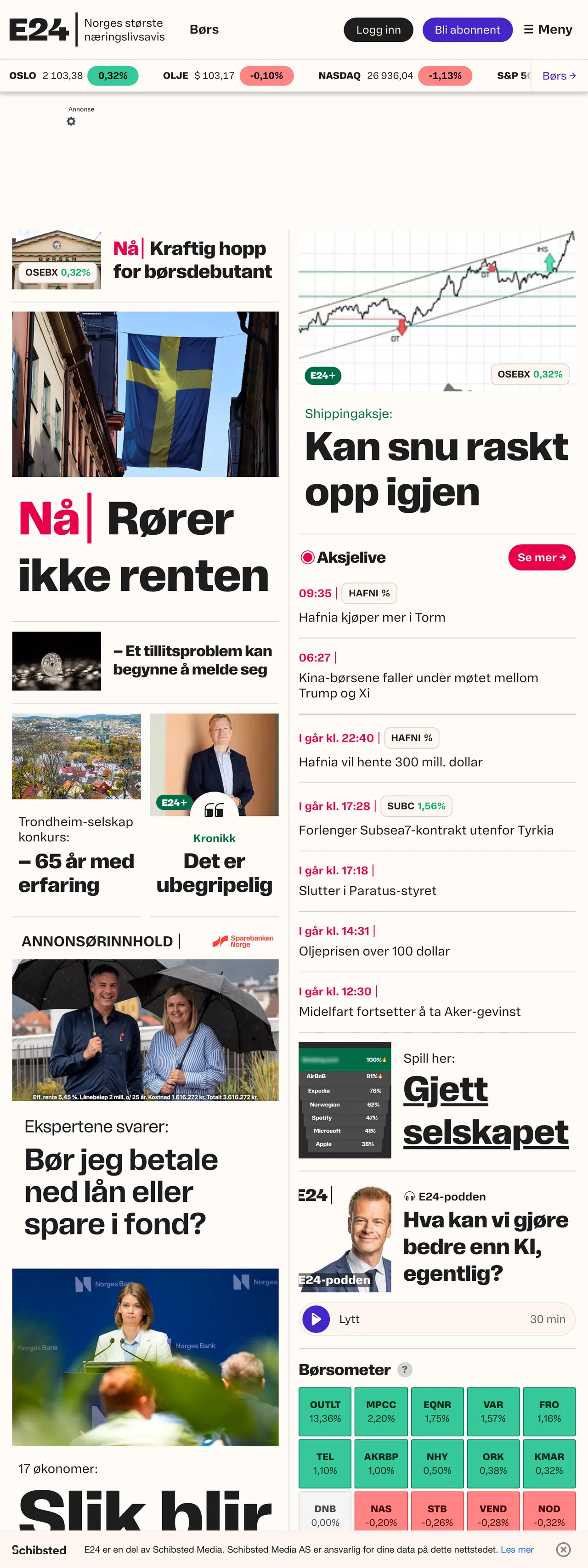 Screenshot of the E24 front page